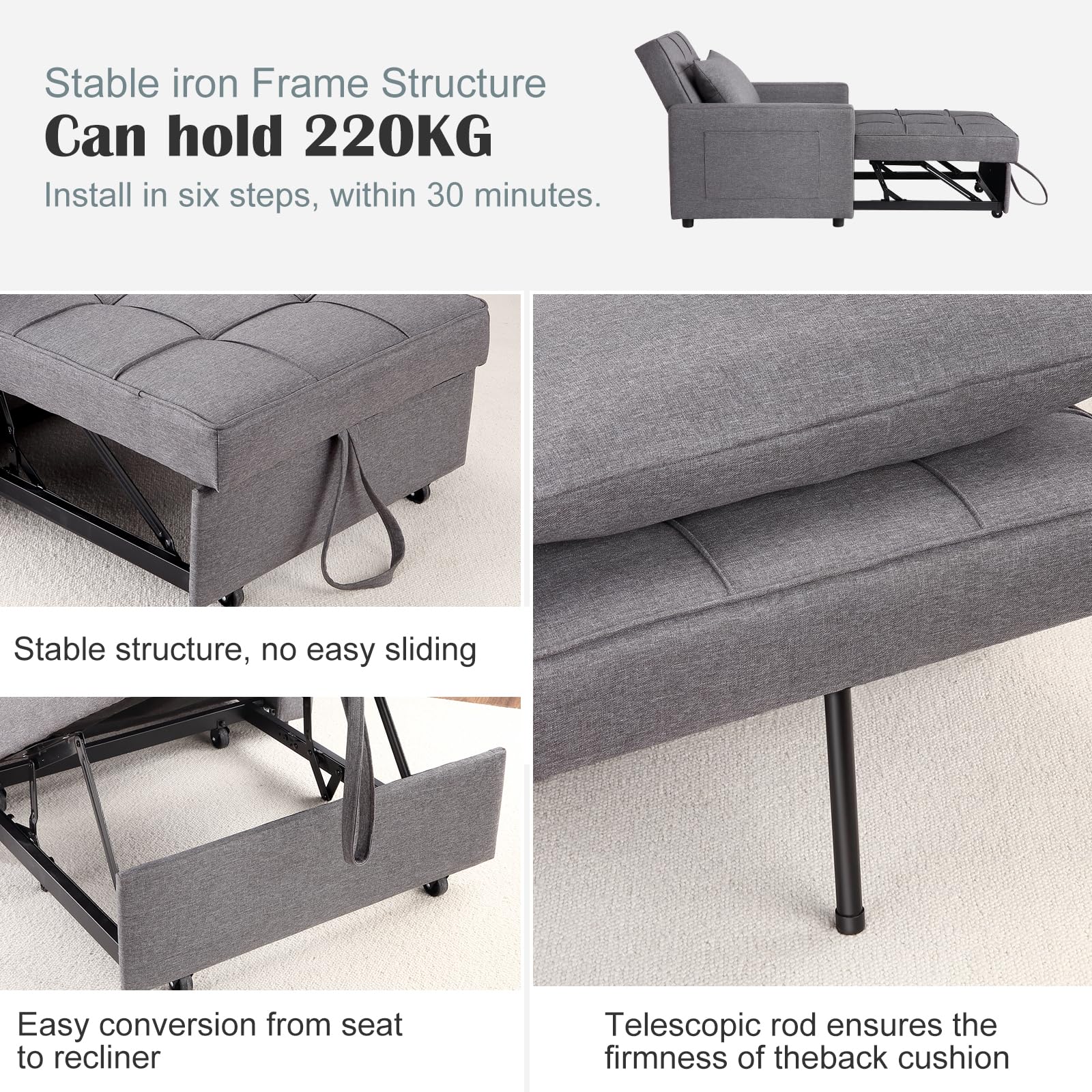 Divano letto/poltrona letto 3 in 1 Garvee con funzione letto, tessuto di lino, salvaspazio, 192 x 96 x 59 cm, grigio