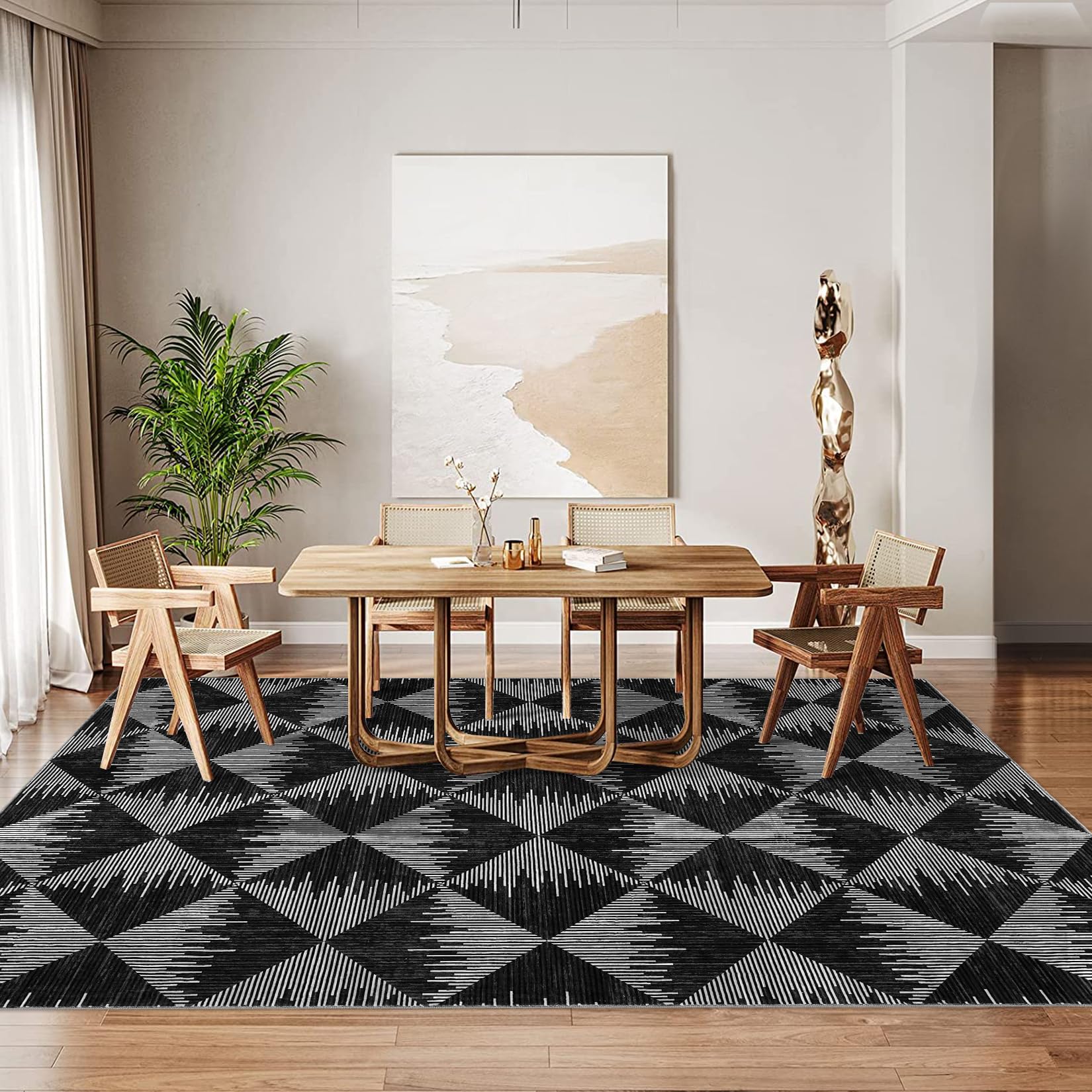Tappeto per soggiorno Garvee 160x230cm, nero, lavabile, antiscivolo, a pelo corto, per soggiorno, camera da letto, sala da pranzo