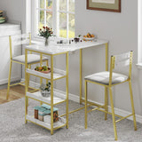 Set Tavolo Bar e Sedie 3 Pezzi con Estensione Flip Top e Ripiani per Cucina Piccola e Appartamento, Marmo Bianco, Sedie Imbottite in PU, 2 Persone