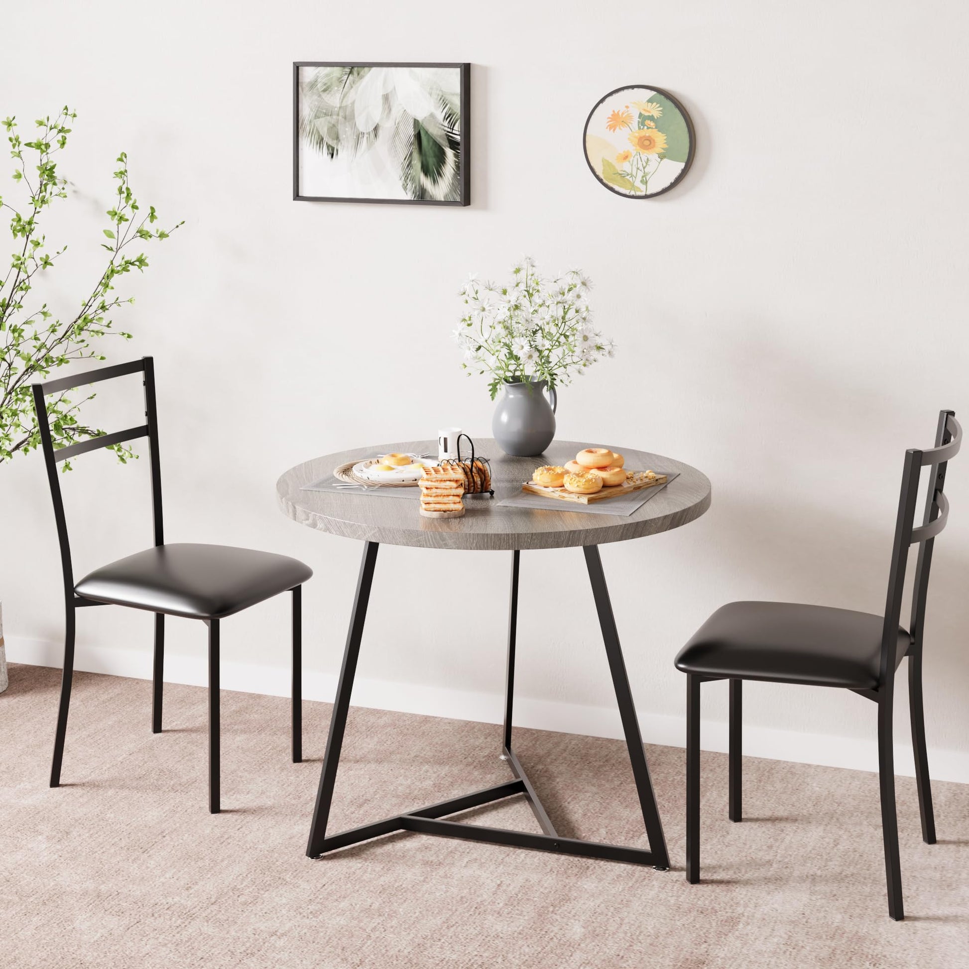 Tavolo da pranzo rotondo Garvee per 2 persone con 2 sedie imbottite, struttura in metallo robusto, piano in MDF, grigio retrò, salvaspazio per stanze piccole