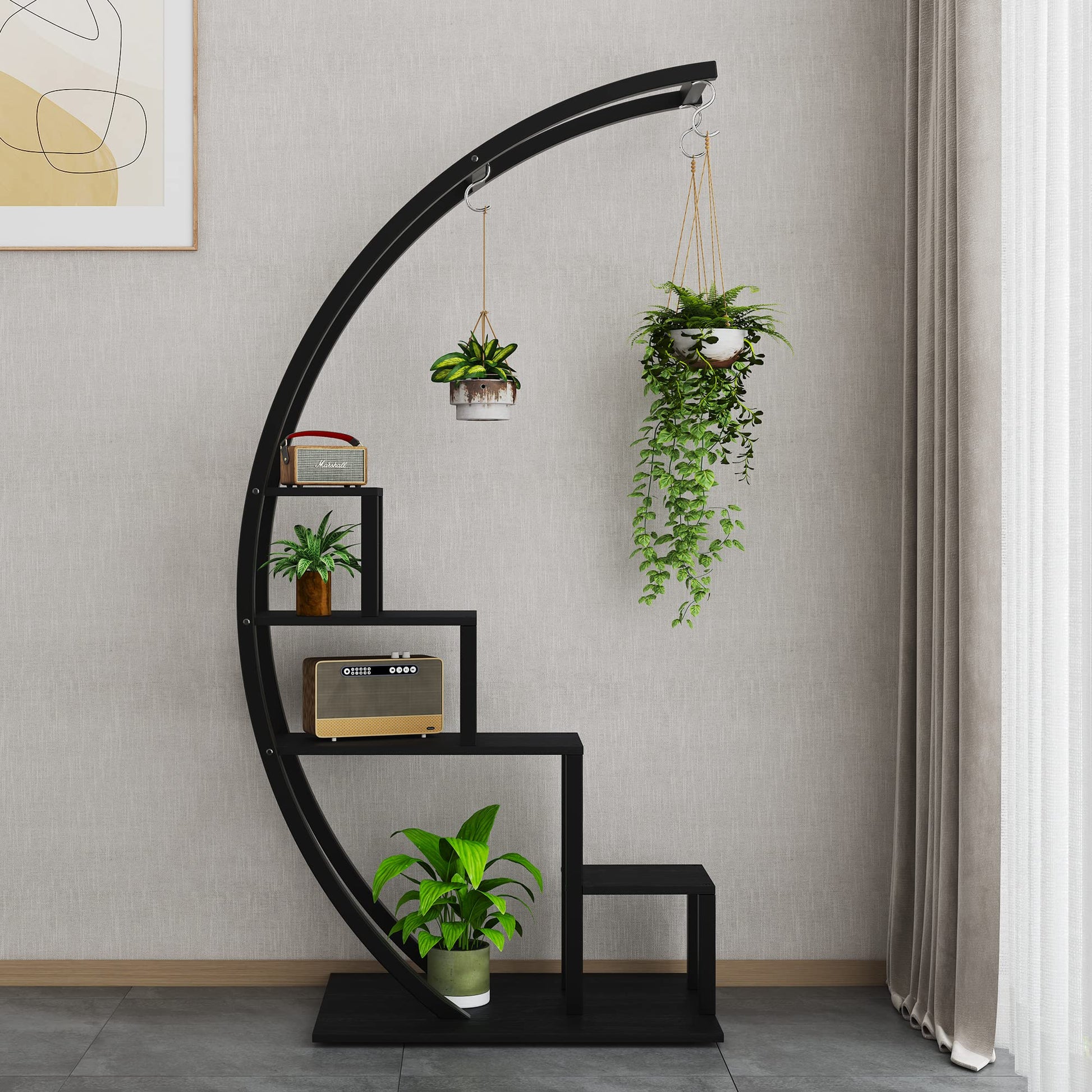 Garvee Plant Stand a 5 ripiani in metallo semicircolare, set da 2 pezzi per soggiorno e balcone, altezza 56" (nero)