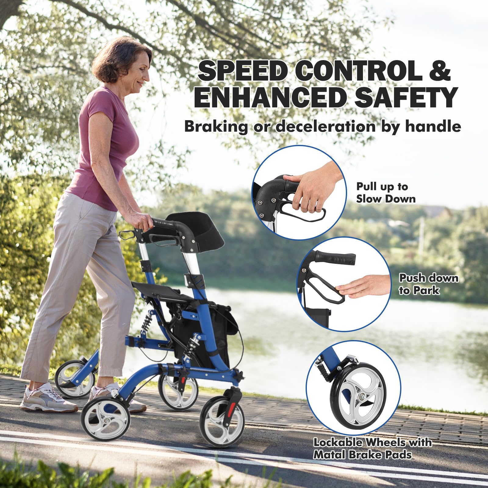 Rollator pieghevole Garvee con ammortizzatori - ruote anteriori da 12" e posteriori da 10" per comfort e sicurezza su tutti i terreni