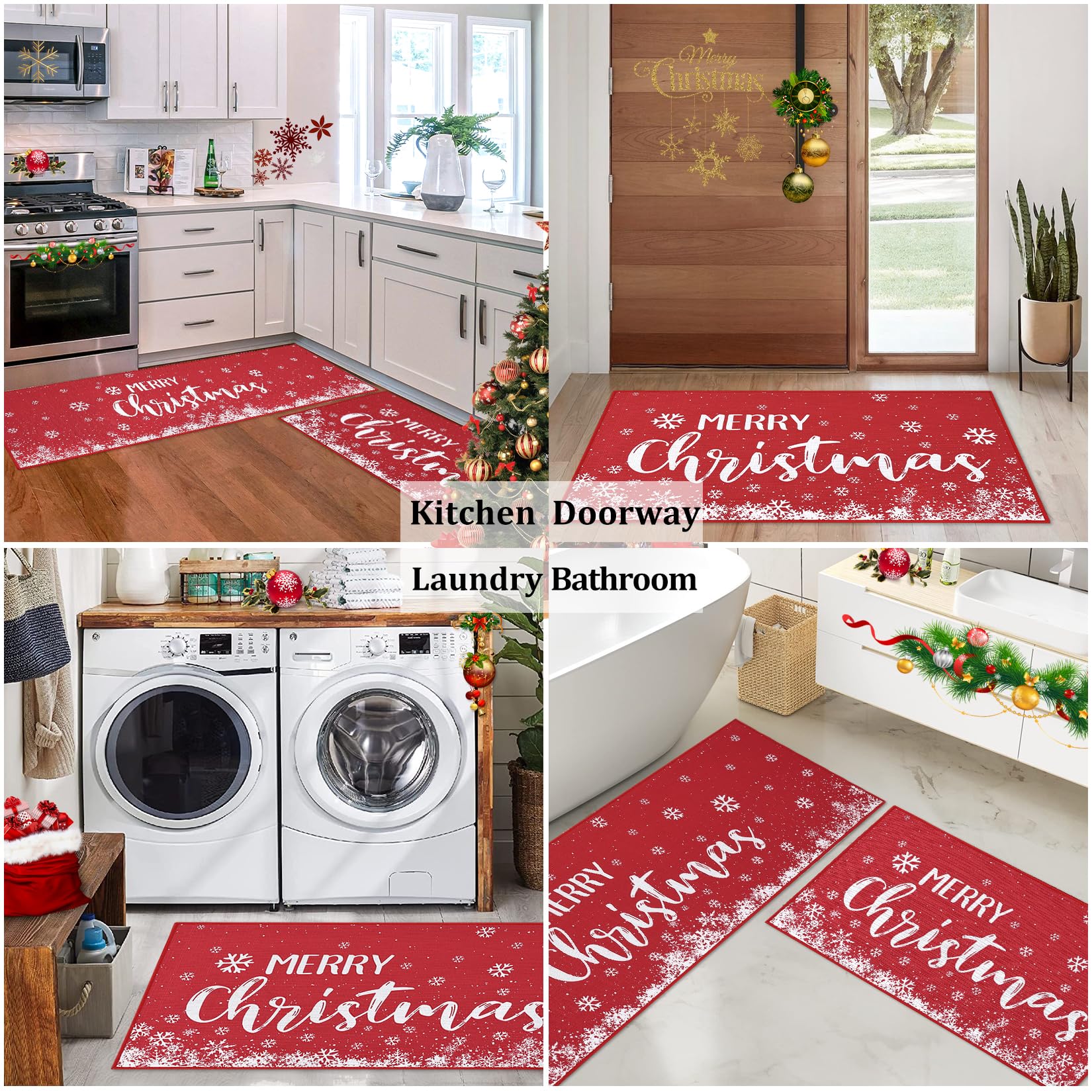 Garvee Küchenläufer 2er Set Rutschfest Waschbar Schneeflocken Leinenoptik Rot 40x60cm 40x120cm Festliche Weihnachtsdeko