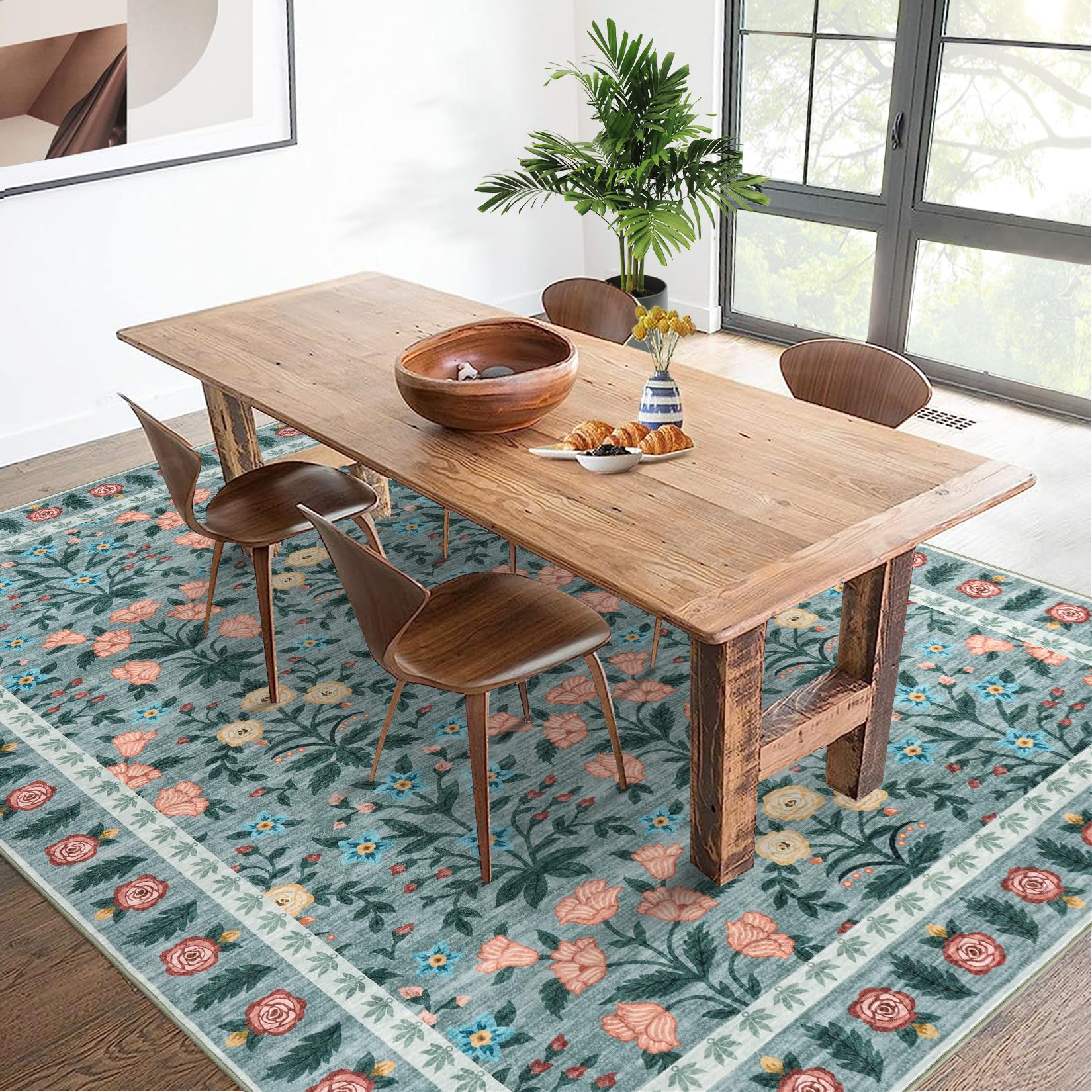 Tappeto decorativo Garvee per interni Boho, 200x290 cm, grande, antiscivolo, nero, a pelo corto, con motivo floreale, per soggiorno, cameretta dei bambini, sala giochi