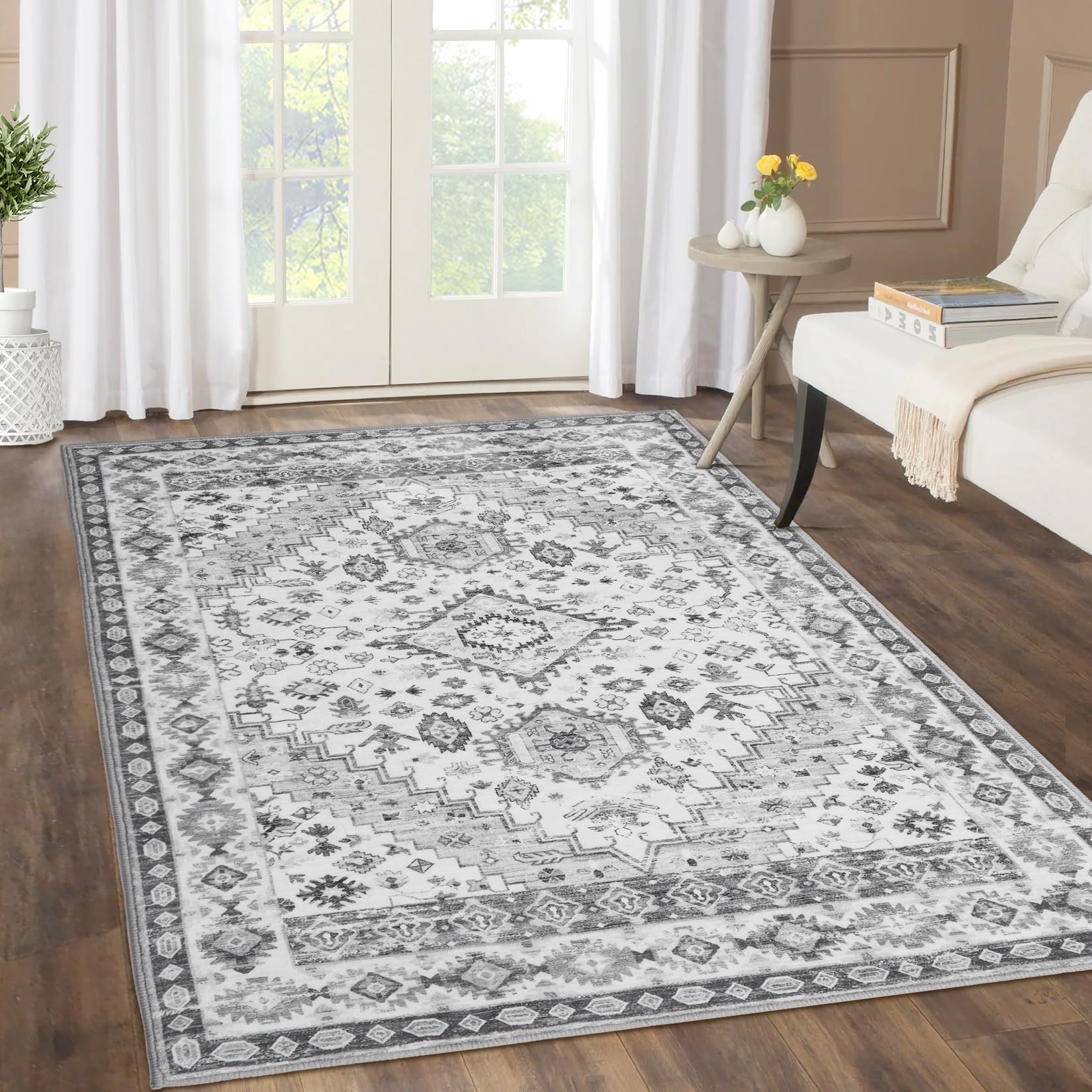 Tappeto tradizionale in stile bohémien GARVEE, lavabile, antiscivolo, morbido, antimacchia, pieghevole, 80x150 cm, grigio, soggiorno