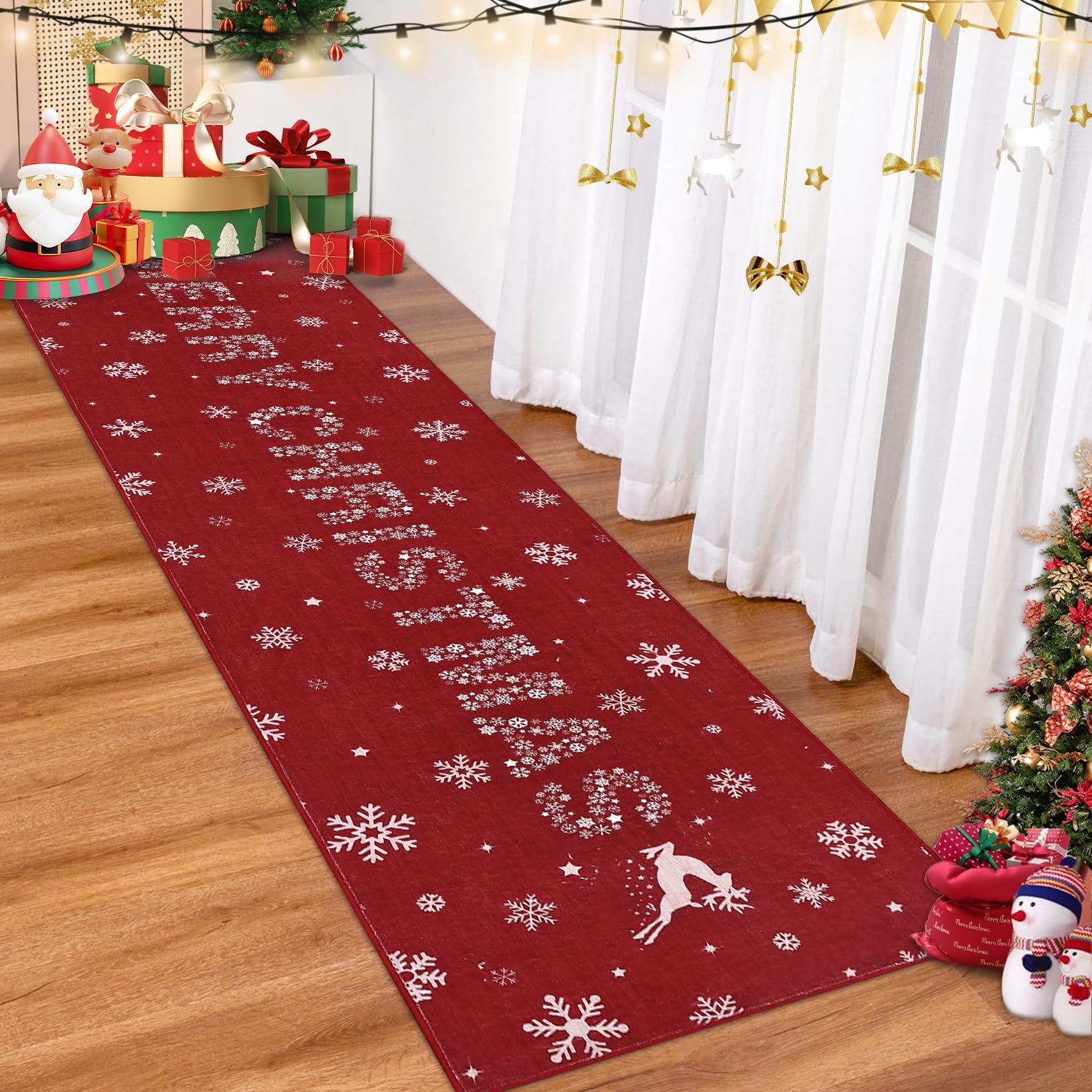 Tappeto natalizio Garvee con motivo a alce, albero di Natale e fiocco di neve per corridoio, soggiorno, cucina, 60x180 cm, rosso