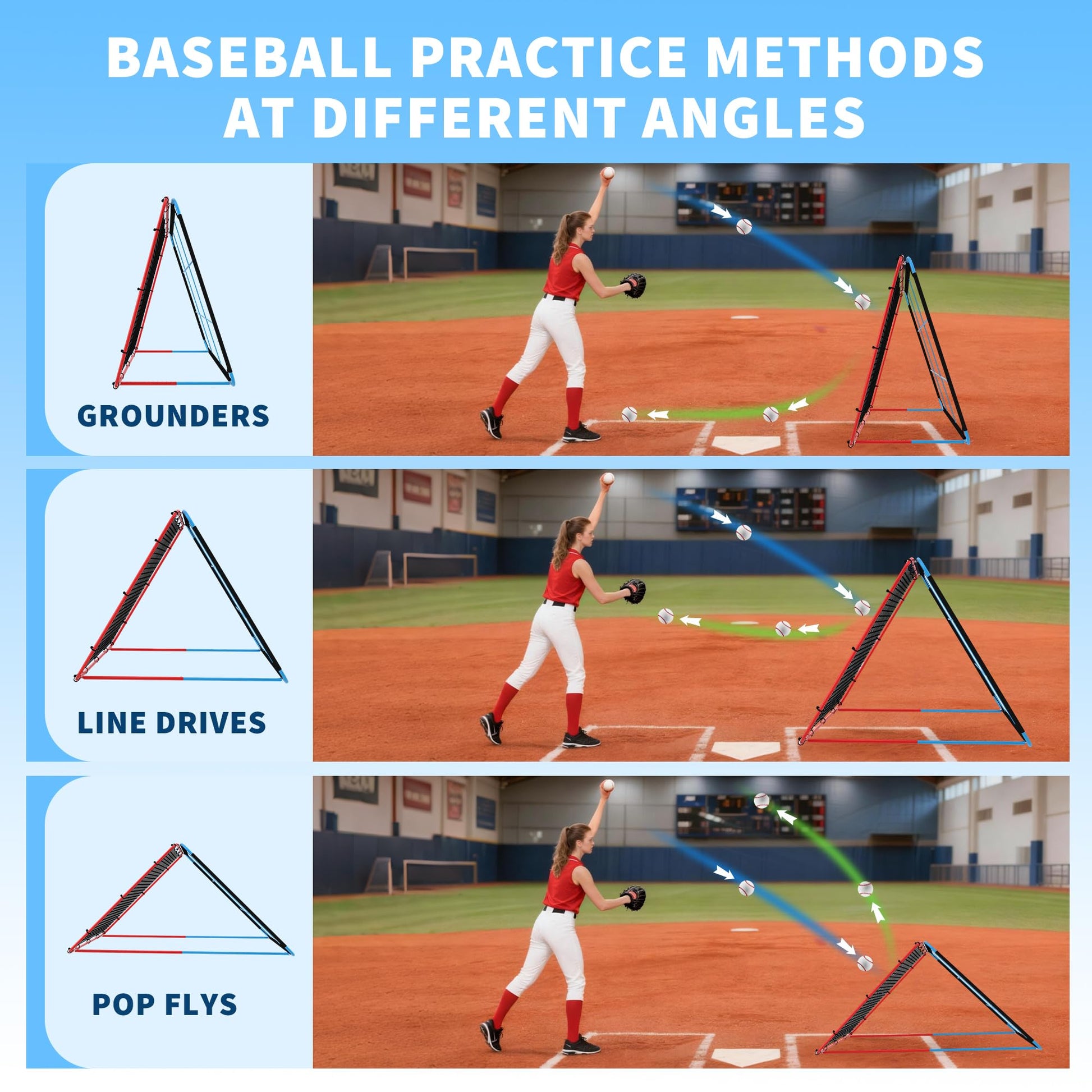 Rete da rimbalzo per baseball Garvee con 9 tasche, pieghevole e stabile per baseball, calcio, pallavolo, allenamento all'aperto e al chiuso