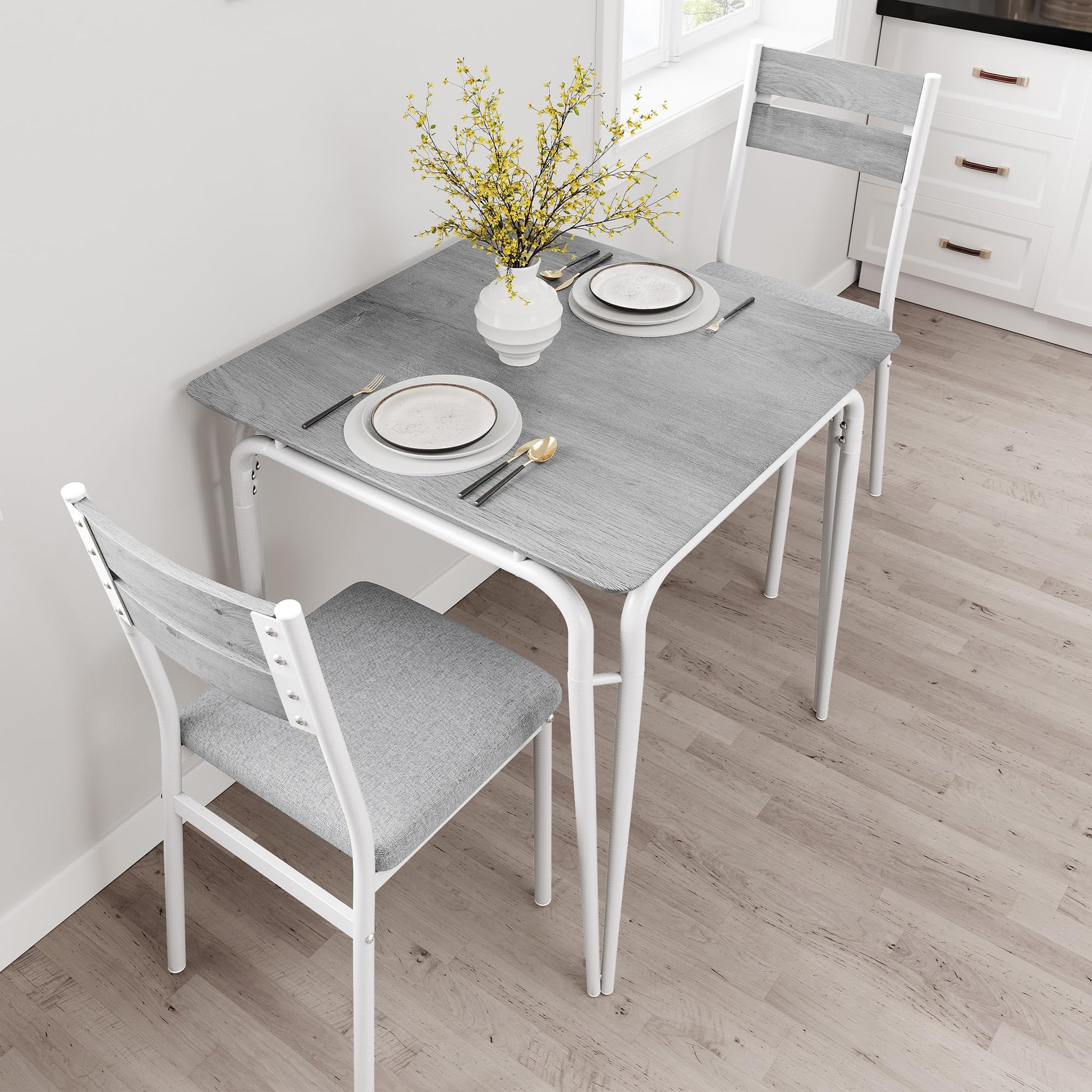 Tavolo da pranzo Garvee per 2 persone con sedie imbottite, MDF e metallo, salvaspazio, stabile, ideale per stanze piccole, quadrato