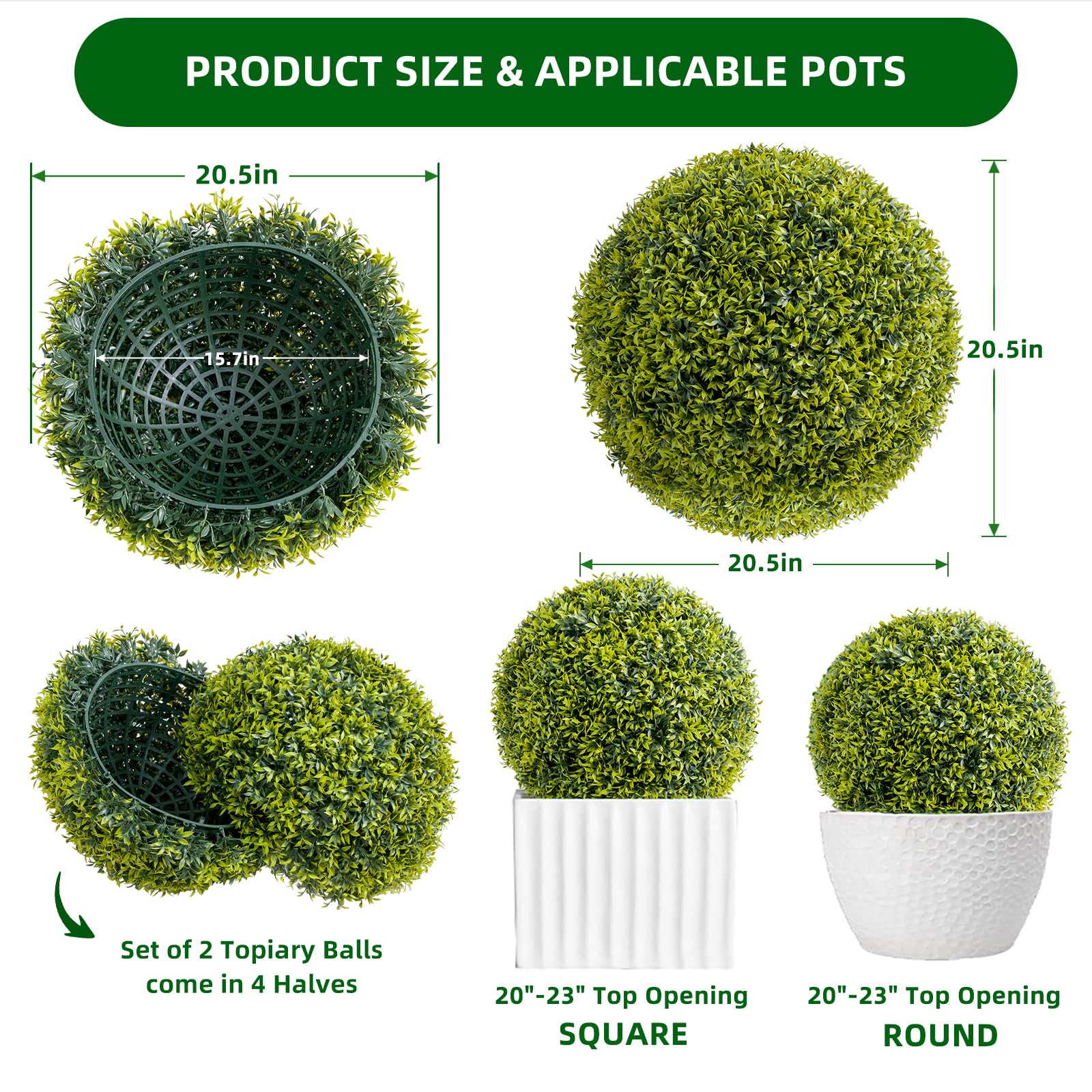 Garvee Artificial Bosso Balls 19,7 pollici Materiale PE resistente ai raggi UV e senza manutenzione con anello per appendere per giardino e matrimonio verde