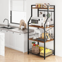 Garvee Kitchen Baker's Rack con supporto per microonde, grande cestello in filo metallico, 4 ripiani, robusto MDF e acciaio, 8 ganci, marrone rustico, per cucina e bar
