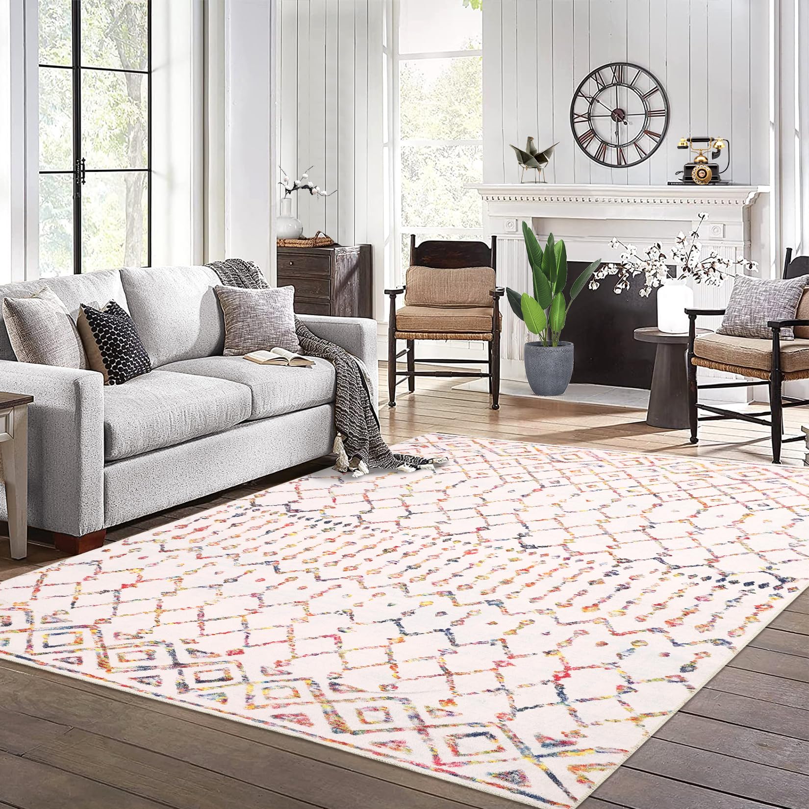 Tappeto Boho GARVEE, pelo corto, 120x170 cm, antiscivolo, geometrico, multicolore, per soggiorno e camera da letto