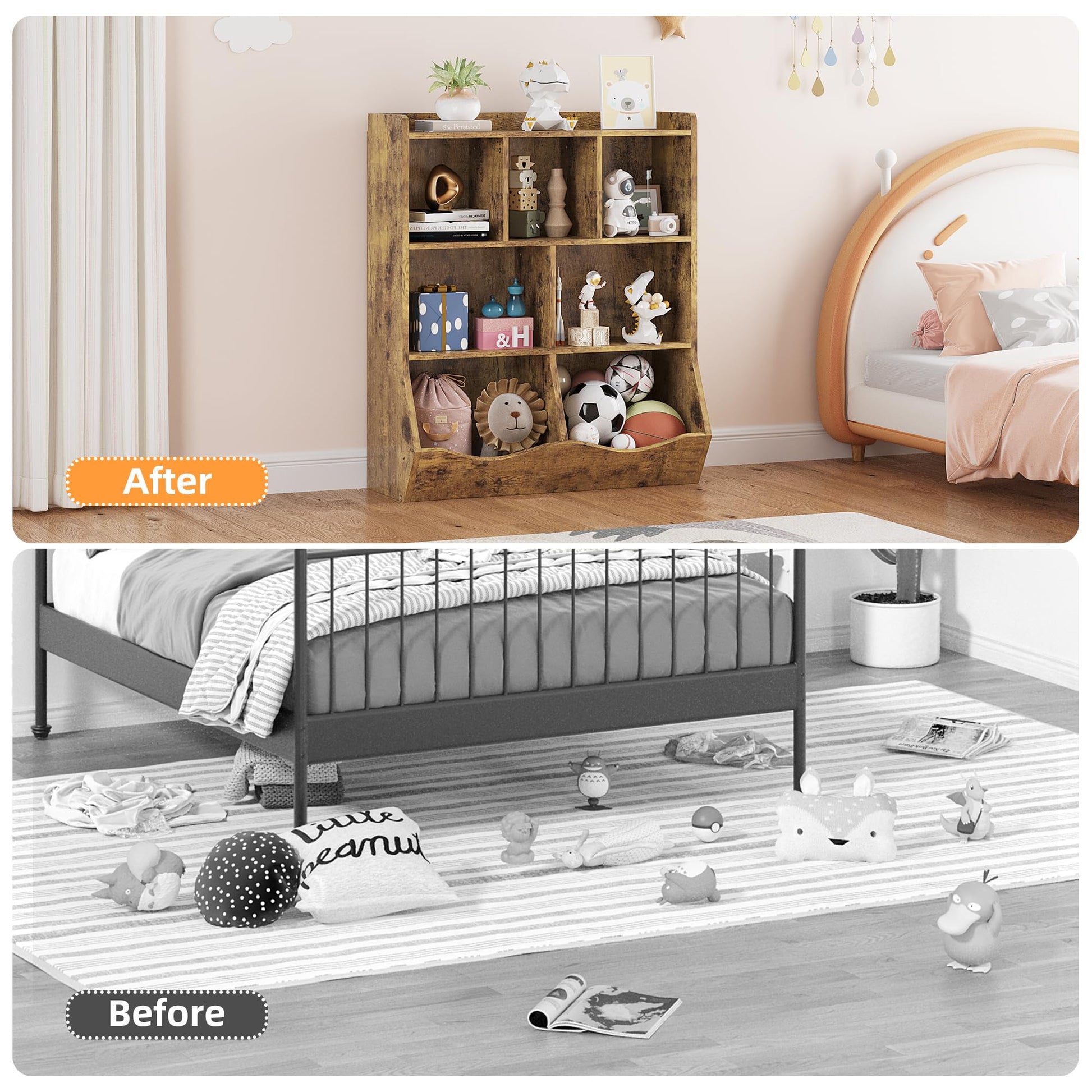 Mobiletto portagiochi rustico marrone Garvee con 3 ripiani, protezione antiribaltamento per camerette e sale giochi per bambini, in legno, robusto, sicuro per i bambini