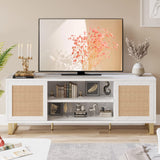 Mobile porta TV Garvee in rattan da 167.64 cm, bianco, moderno, con spazio di archiviazione, ante in rattan, gambe dorate per soggiorno e camera da letto
