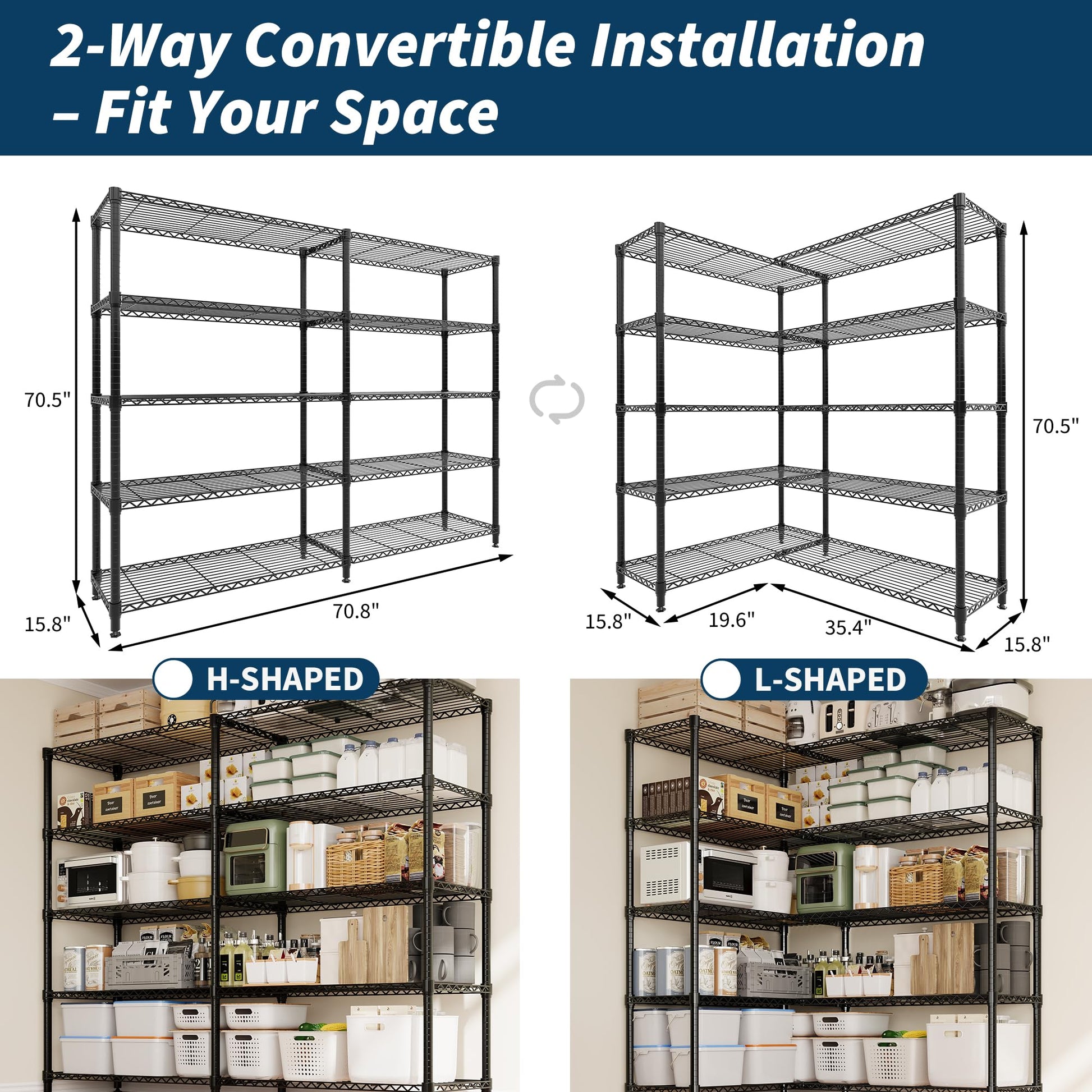 Scaffalatura in metallo Garvee da 70" H, capacità di carico di 1325 libbre, ripiani in filo metallico regolabili a 5 livelli, a forma di L, robusta, per cucina, garage, ufficio, 70,8" x 70,4" x 15,7", metallo