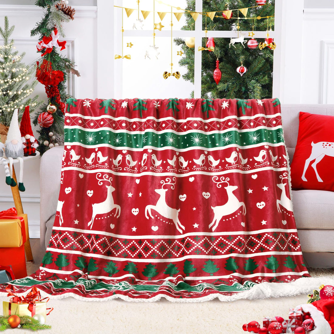 Coperta natalizia Garvee in flanella Sherpa 50x60, rossa, verde, calda e accogliente, reversibile, decorazione per divano.