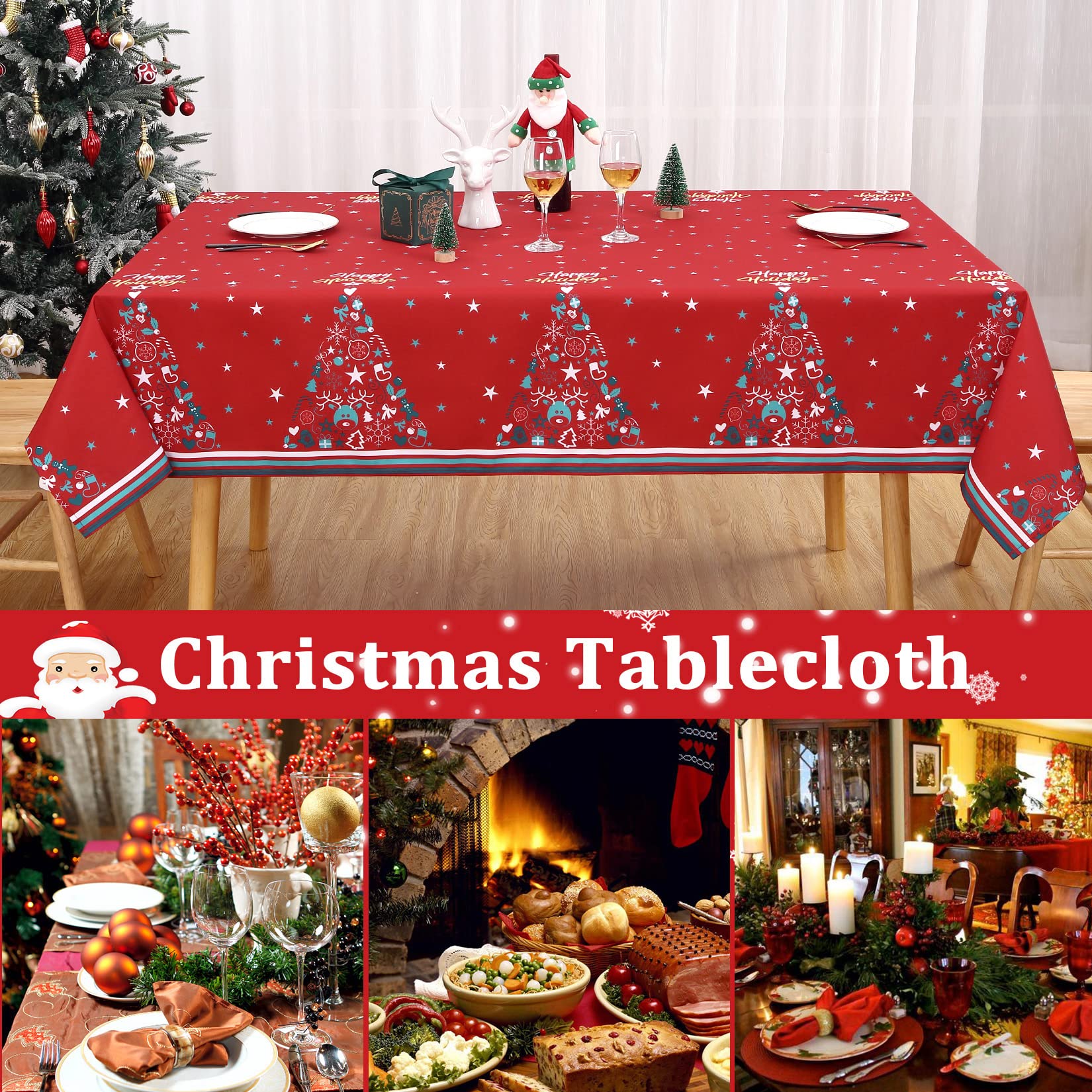 Tovaglia natalizia con albero di Natale, impermeabile, lavabile, 137x137 cm, rosa, per feste e cucina, festiva