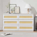 Garvee Cassettiera in Legno Naturale con Rattan, 6 Cassetti, Stazione di Ricarica Integrata, LED Regolabile, Camera da Letto, 120 x 33.5 x 78 cm - Bianco