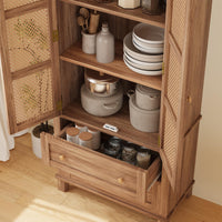 Garvee Armadio Dispensa Cucina Rattan 2 Porte 2 Ripiani Regolabili Legno Massello 64" Noce Rustico