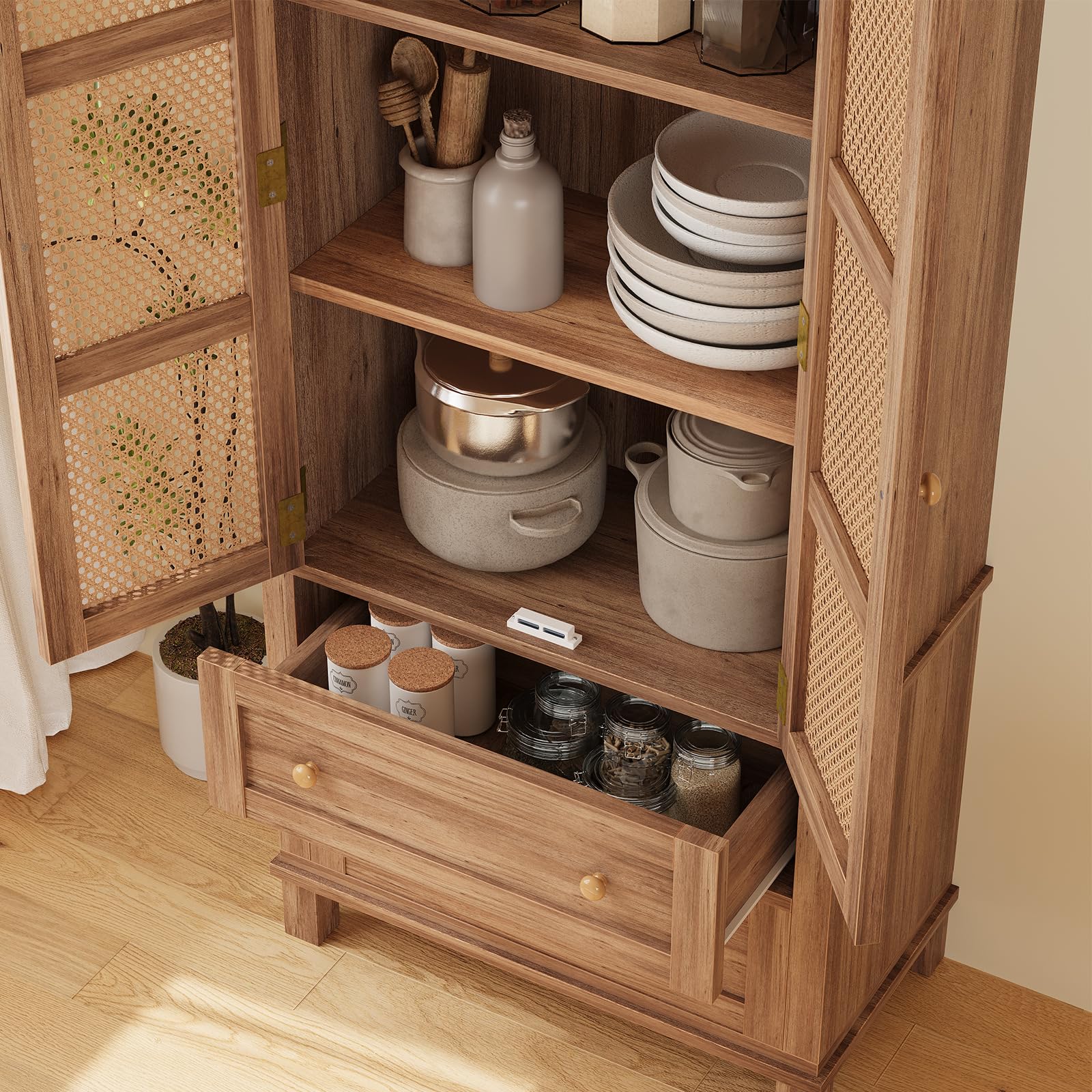 Mobiletto da cucina Garvee con 2 ante in rattan, 2 ripiani regolabili, mobiletto in noce alto 64" per soggiorno e sala da pranzo, stile fattoria