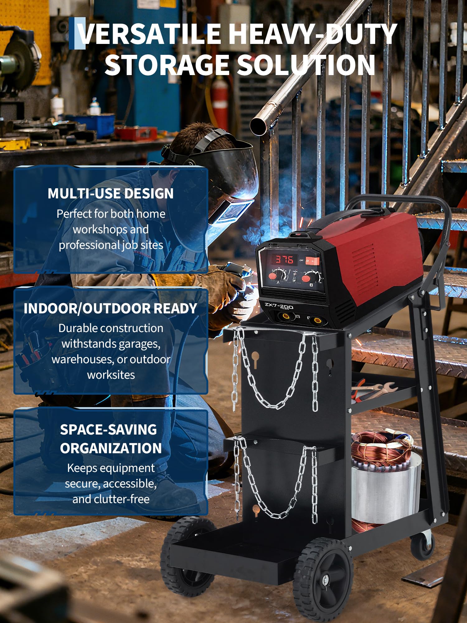 Carrello Saldatura Garvee 3 Ripiani con Ruote 360° e Fibbie Sicurezza, Acciaio Q235 Resistente Nero - Ideale per Festa del Papà in Officina e Cantiere