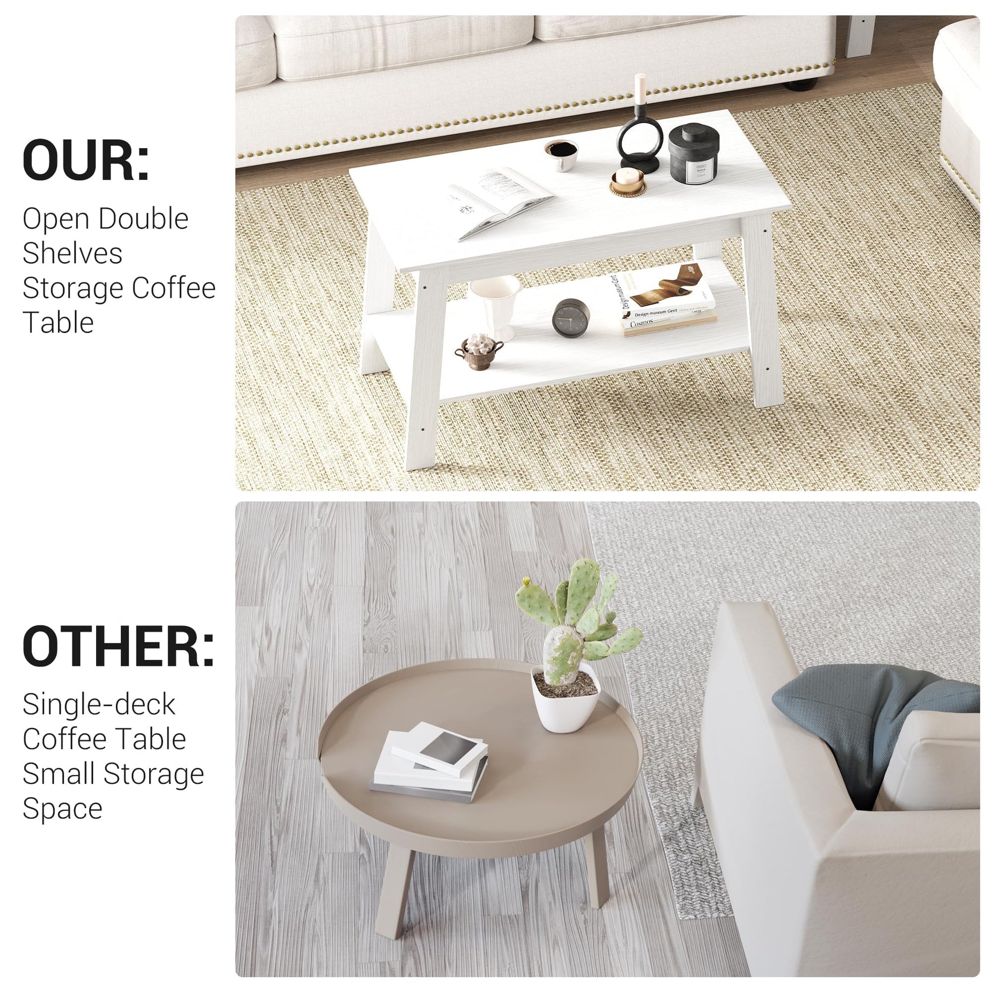 Tavolino da caffè Garvee 80 cm rustico moderno da fattoria, 2 livelli, legno, bianco, rettangolare, soggiorno, ufficio, camera da letto