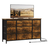 Cassettiera Garvee con 10 cassetti in tessuto e 3 prese per soggiorno e corridoio 121x39x70,7 cm Robusta struttura in metallo Piano in legno - Marrone