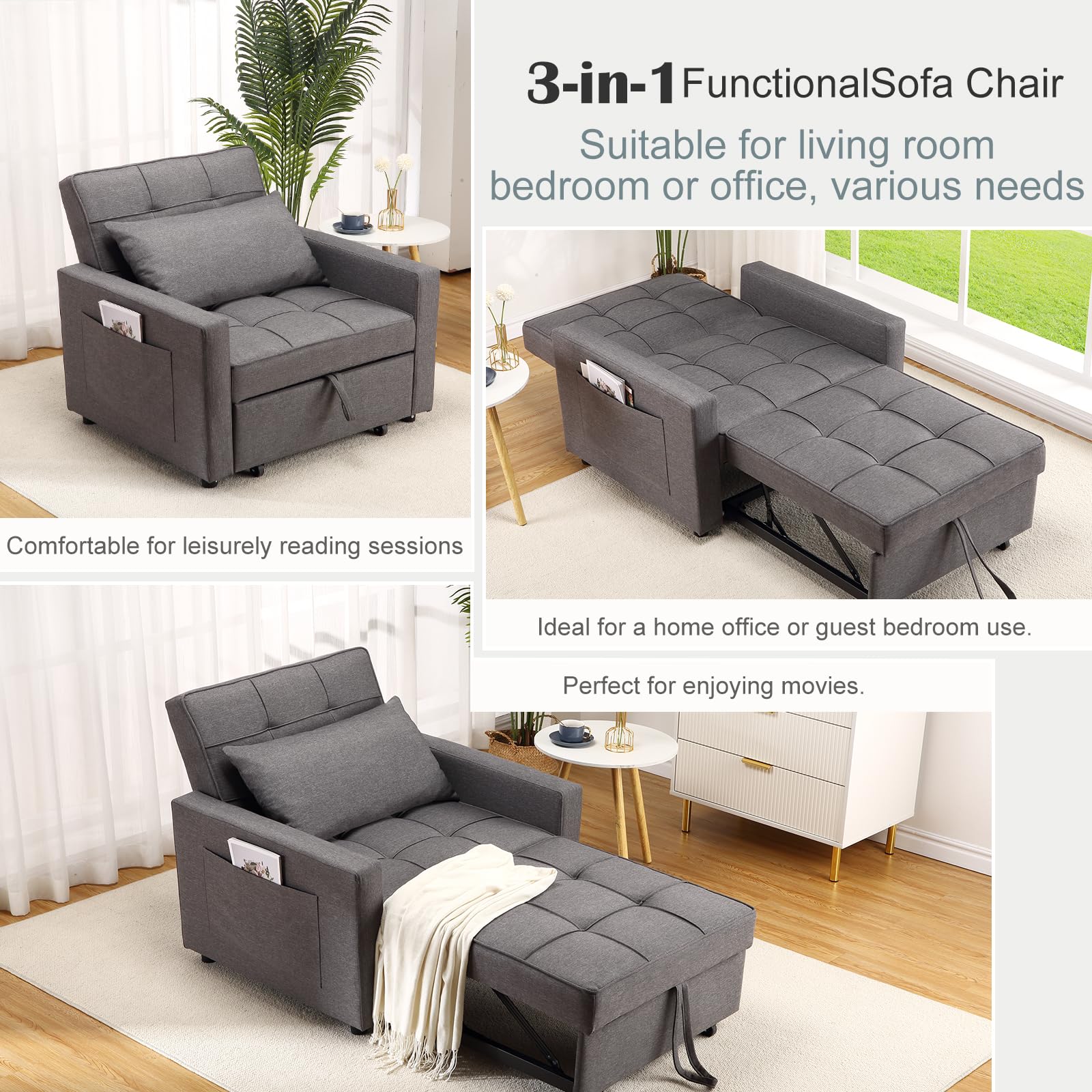 Divano letto/poltrona letto 3 in 1 Garvee con funzione letto, tessuto di lino, salvaspazio, 192 x 96 x 59 cm, grigio