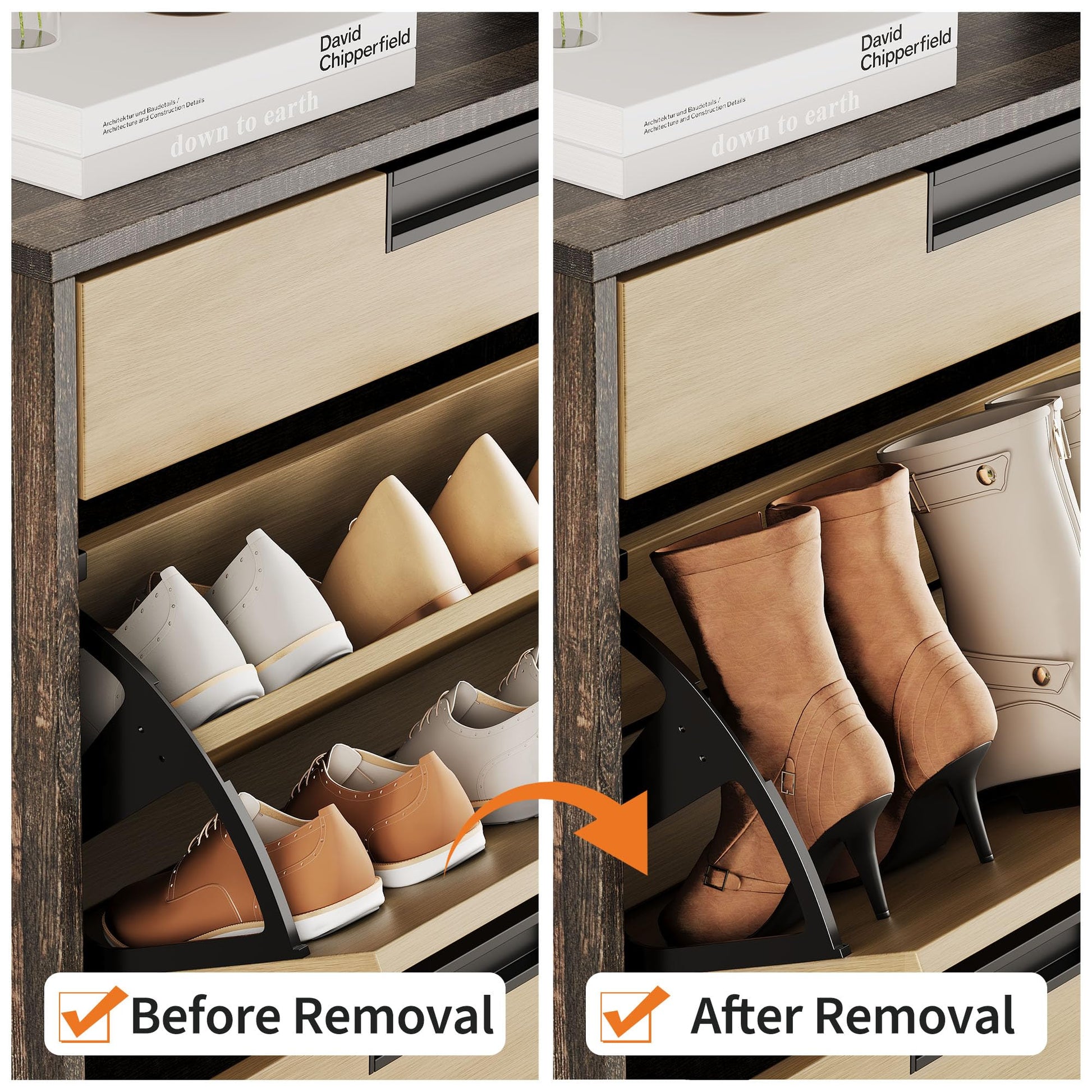 Garvee Scarpiera con 2 cassetti pieghevoli, 1 cassetto, legno, gambe in metallo, stretta per corridoio e soggiorno