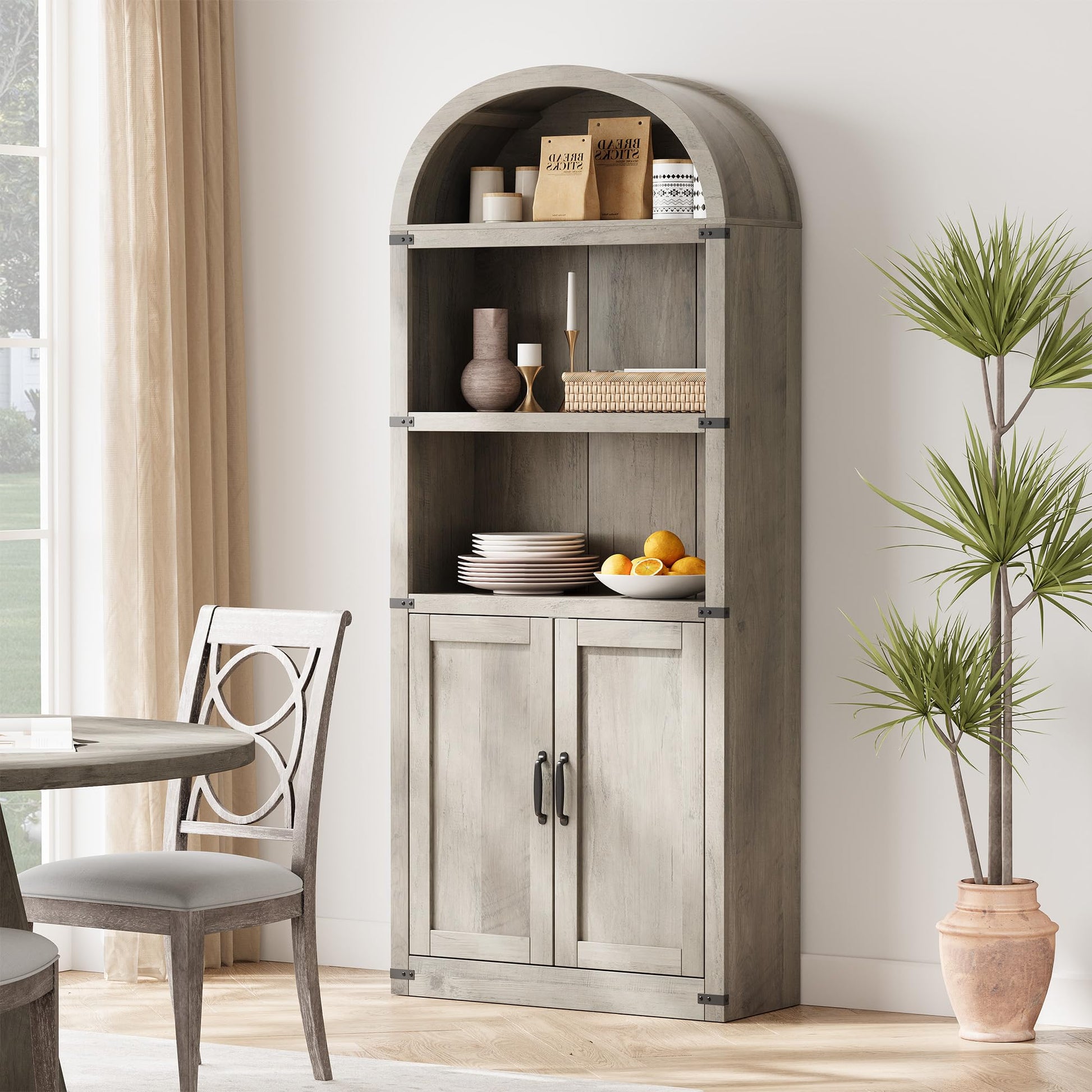 Libreria Garvee con ante, stile rustico, in legno MDF, protezioni angolari in metallo, per soggiorno e ufficio, altezza 71,65 pollici, colore naturale