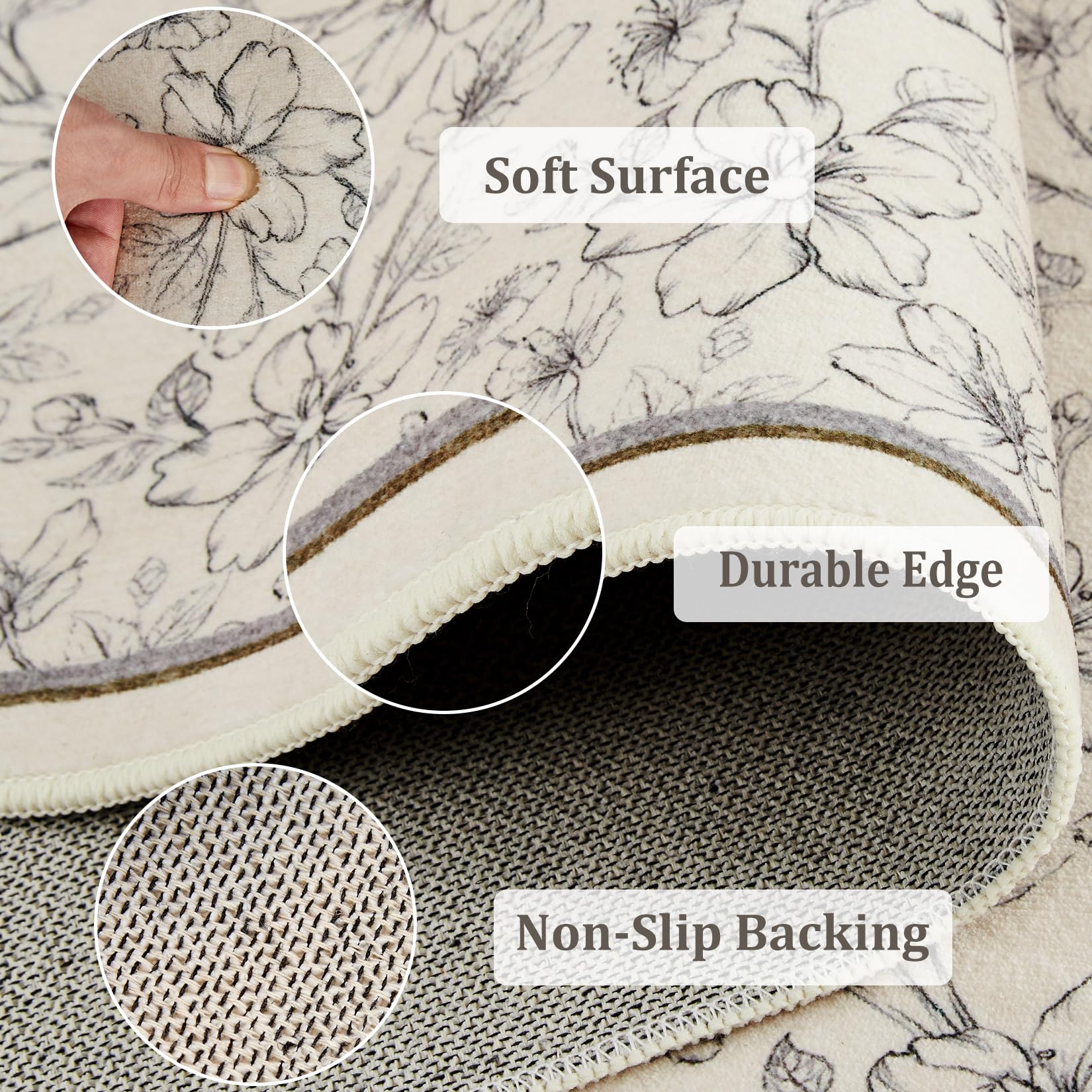 Tappeto Garvee lavabile a pelo corto con motivo floreale, 200x290 cm, antiscivolo, morbido, per soggiorno, camera da letto, sala da pranzo, beige