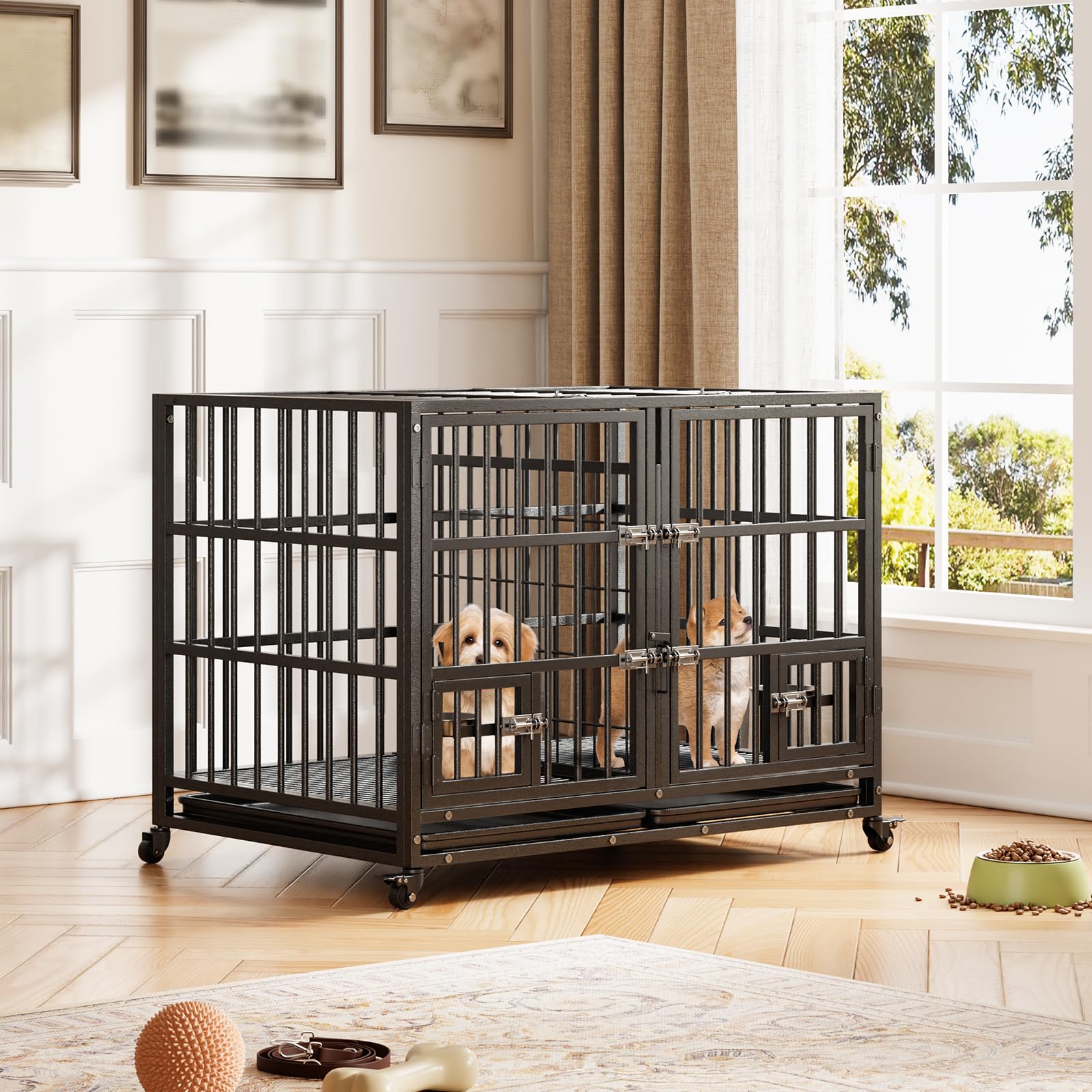 Garvee Heavy Duty Dog Crate da 42 pollici con doppia porta, ruote girevoli a 360°, struttura in metallo, vassoio rimovibile, divisorio, uso interno per cani di piccola e grande taglia, nero