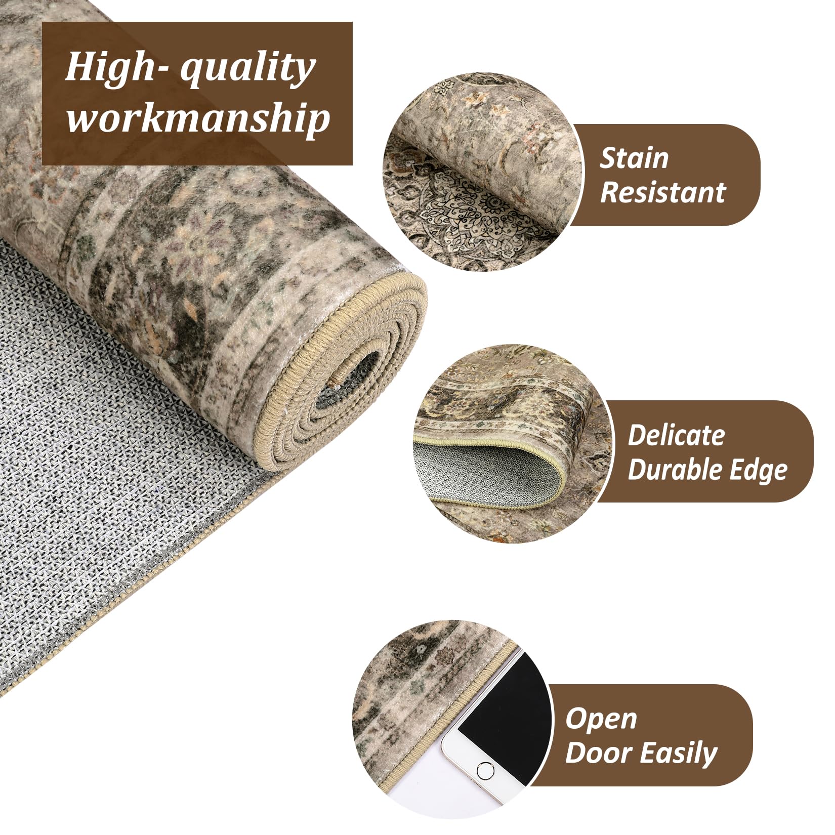 Tappeto vintage lavabile Garvee 160x230cm cammello per soggiorno camera da letto sala da pranzo retrò pelo corto antiscivolo