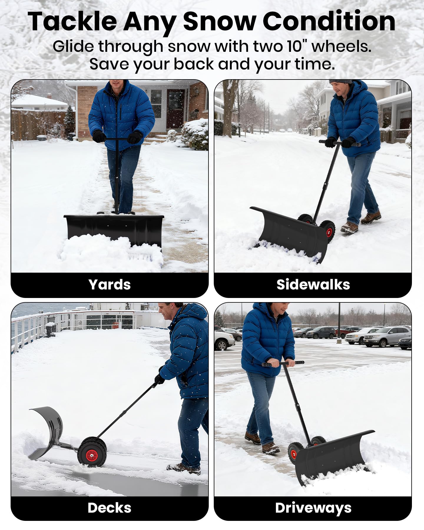 Pala da neve Garvee con ruote, lama in acciaio da 29", angolazione del manico regolabile, protezione in plastica, ergonomica, ruote in gomma da 9,3", per vialetti