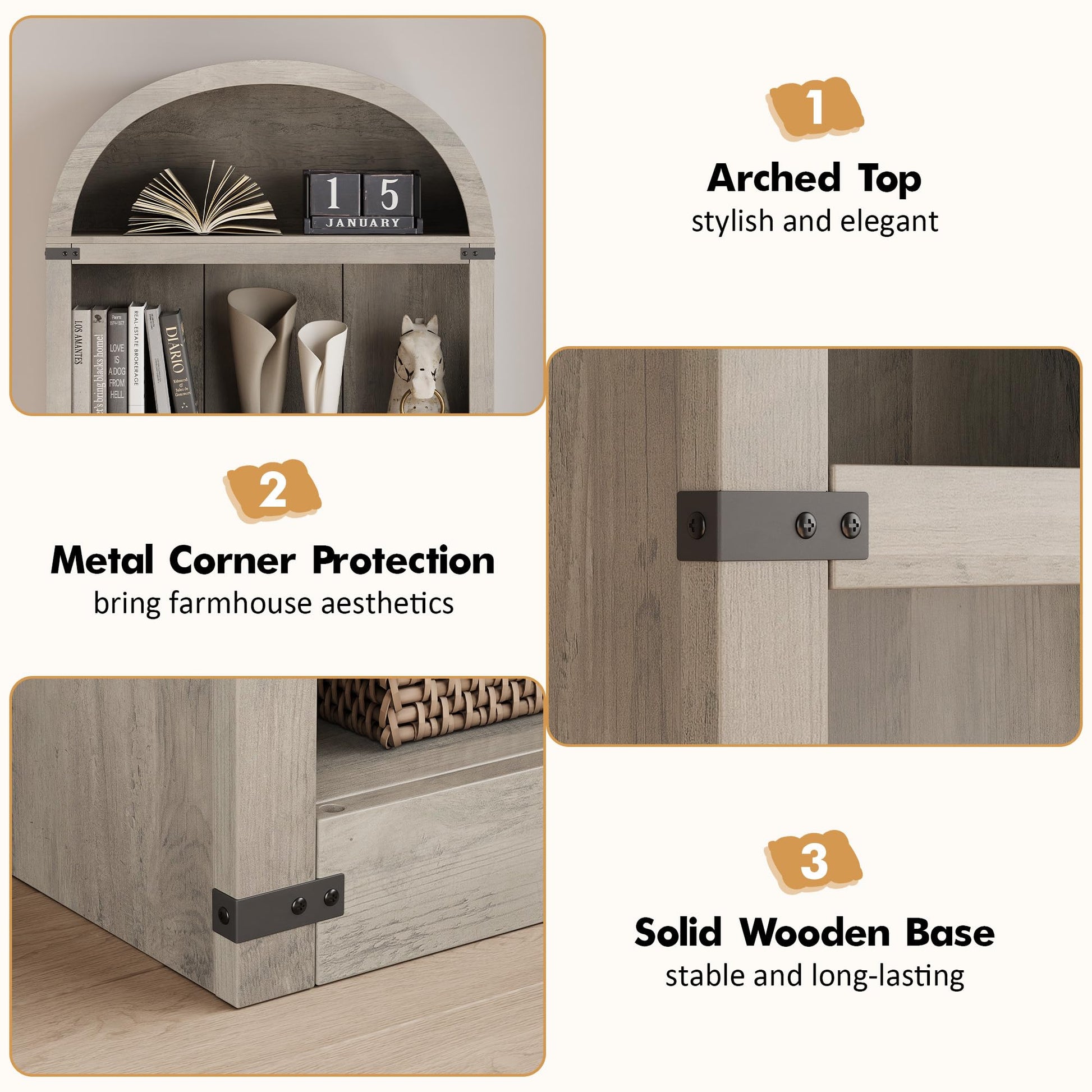 Libreria Garvee con 5 ripiani, stile fattoria ad arco, in legno con protezioni angolari in metallo per soggiorno e ufficio, 71,65" x 29,92" x 11,88" in legno naturale