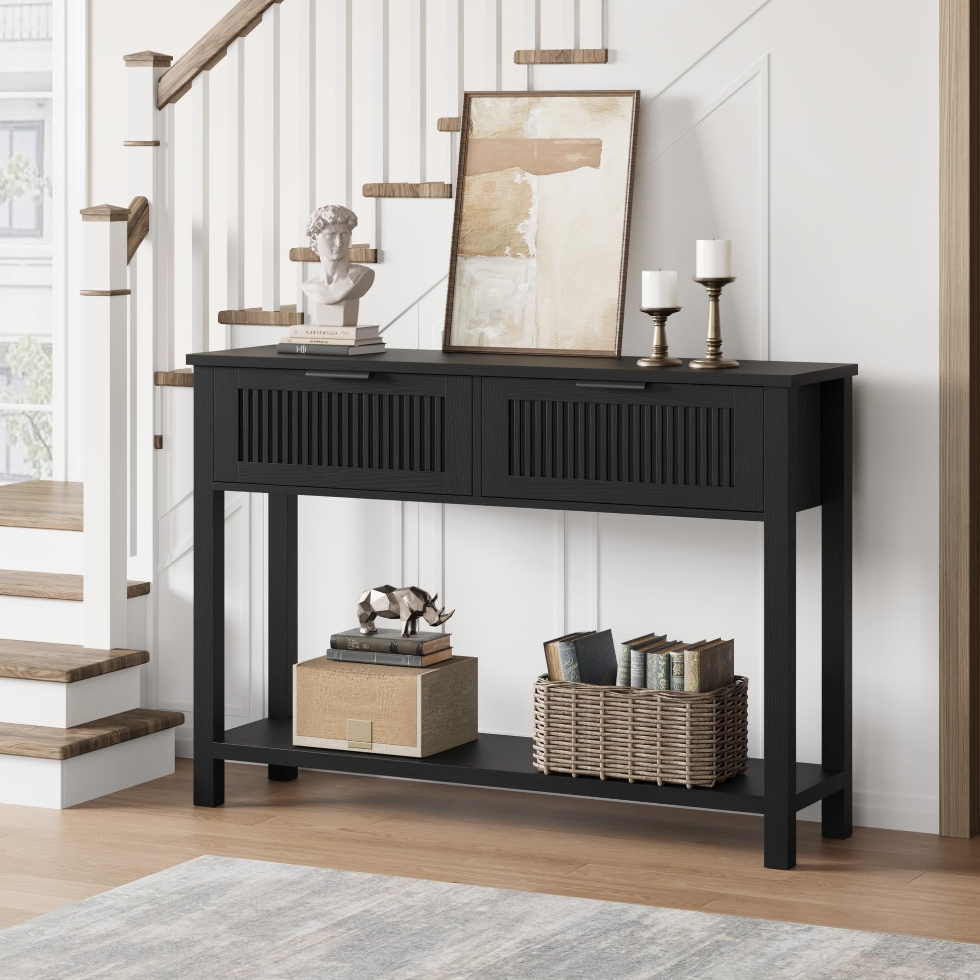 Tavolo da ingresso Garvee Farmhouse, consolle in legno, 43" con 2 cassetti e 2 ripiani, MDF, nero, soggiorno e corridoio, robusto e resistente ai graffi