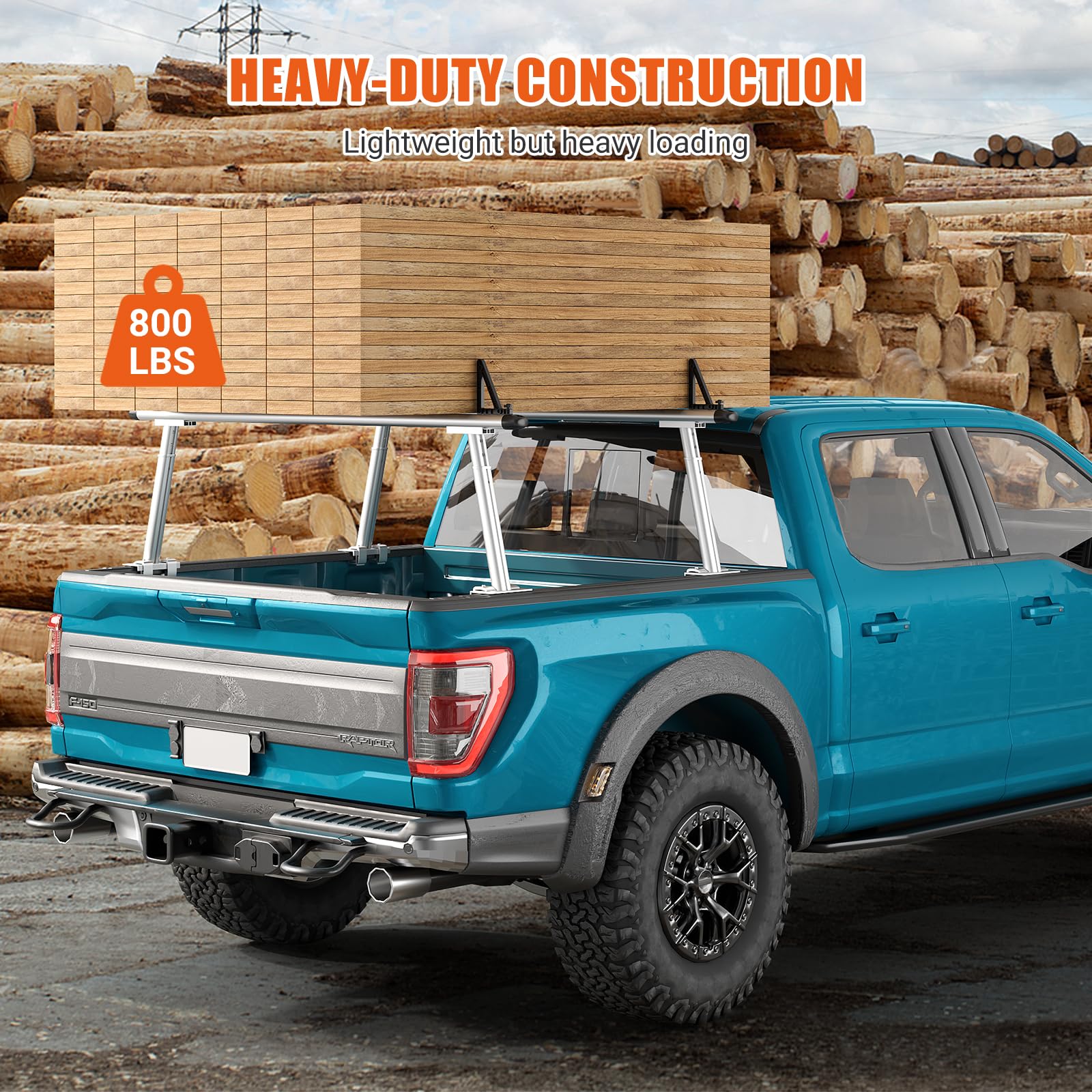 Portapacchi in alluminio per camion con scala Garvee, capacità 800 libbre, regolabile da 17 a 29 pollici, verniciato a polvere nero, per pick-up, kayak, tavola da surf