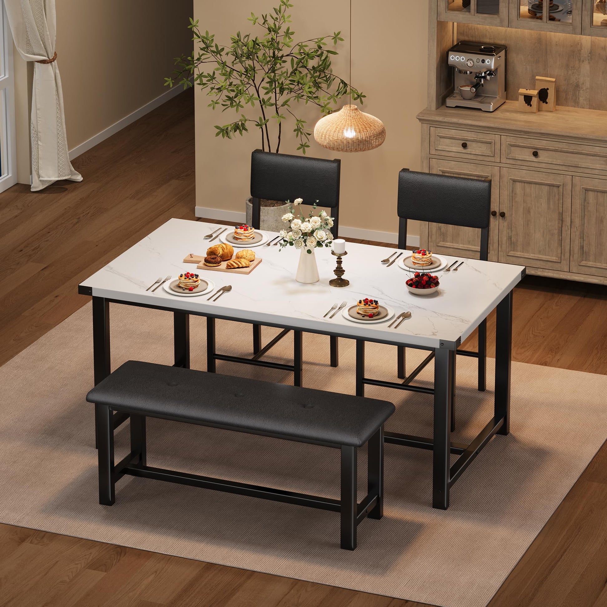 Set Garvee per 4 persone con seduta e panca imbottite, legno MDF, compatto per piccoli spazi, robusta struttura a H, grigio
