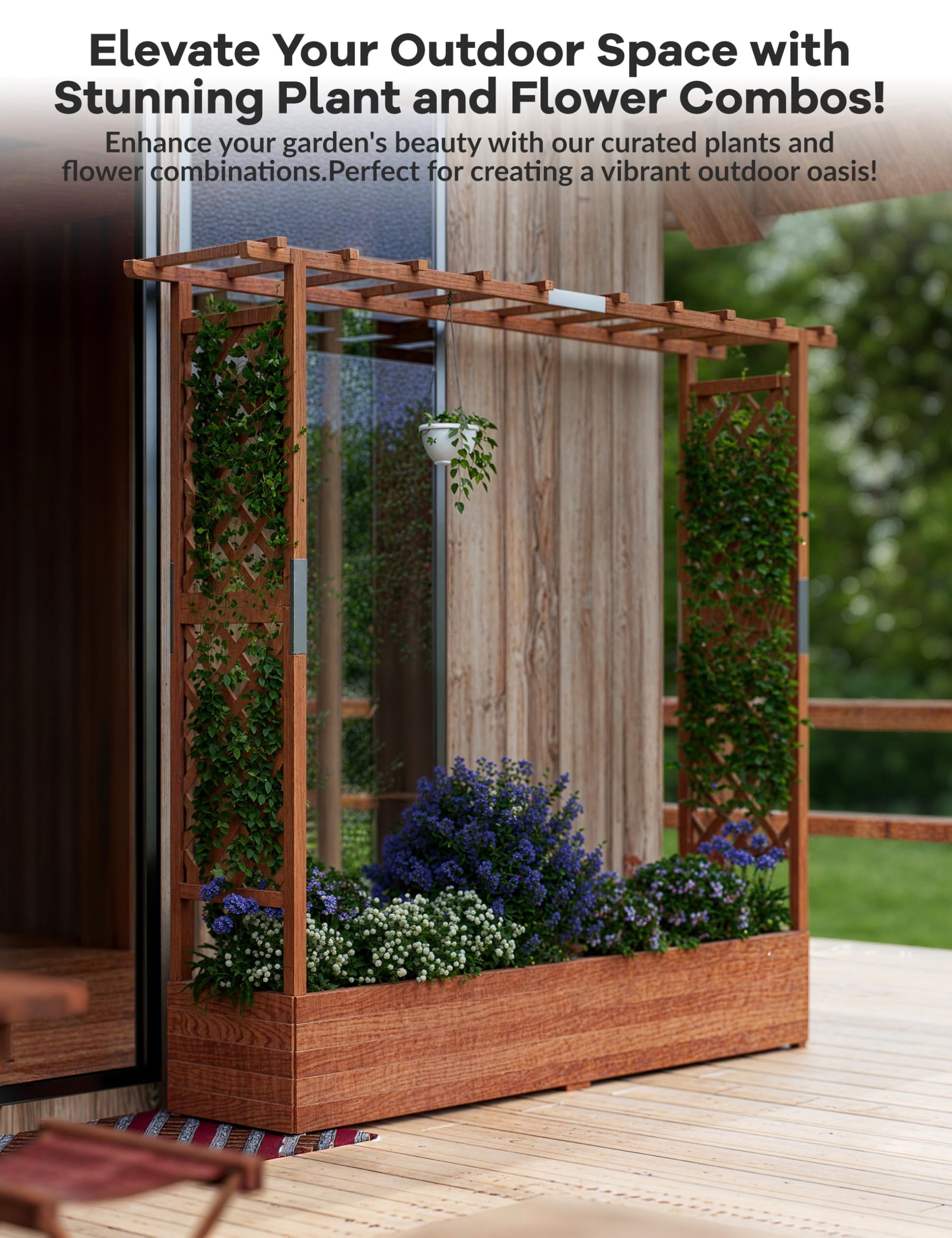 Aiuola rialzata Garvee con traliccio, fioriera in legno da 72 pollici, tetto sospeso, resistente alle intemperie per patio e balcone, colori naturali