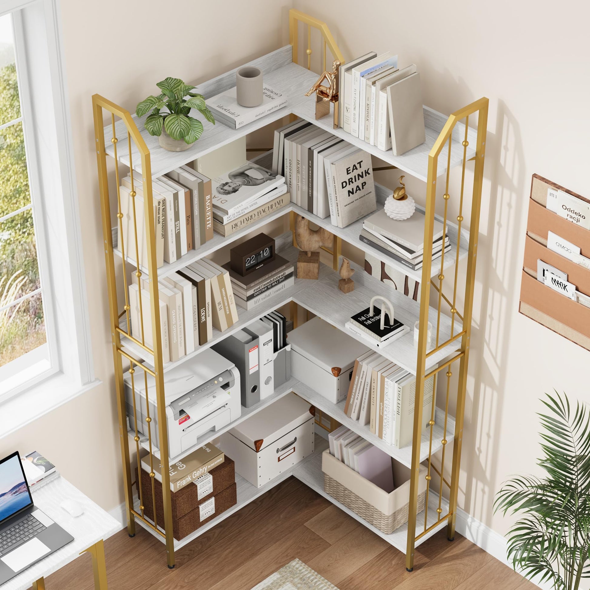 Mensola angolare Garvee da 72" a forma di L, libreria industriale in metallo e MDF, soggiorno, camera da letto, nero