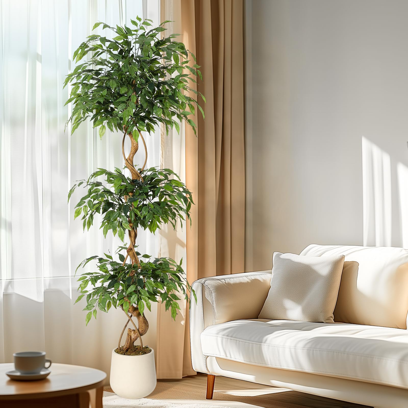Albero artificiale Garvee Ficus da 6 piedi con tronco curvo, foglie di seta realistiche, vaso bianco per ufficio e soggiorno