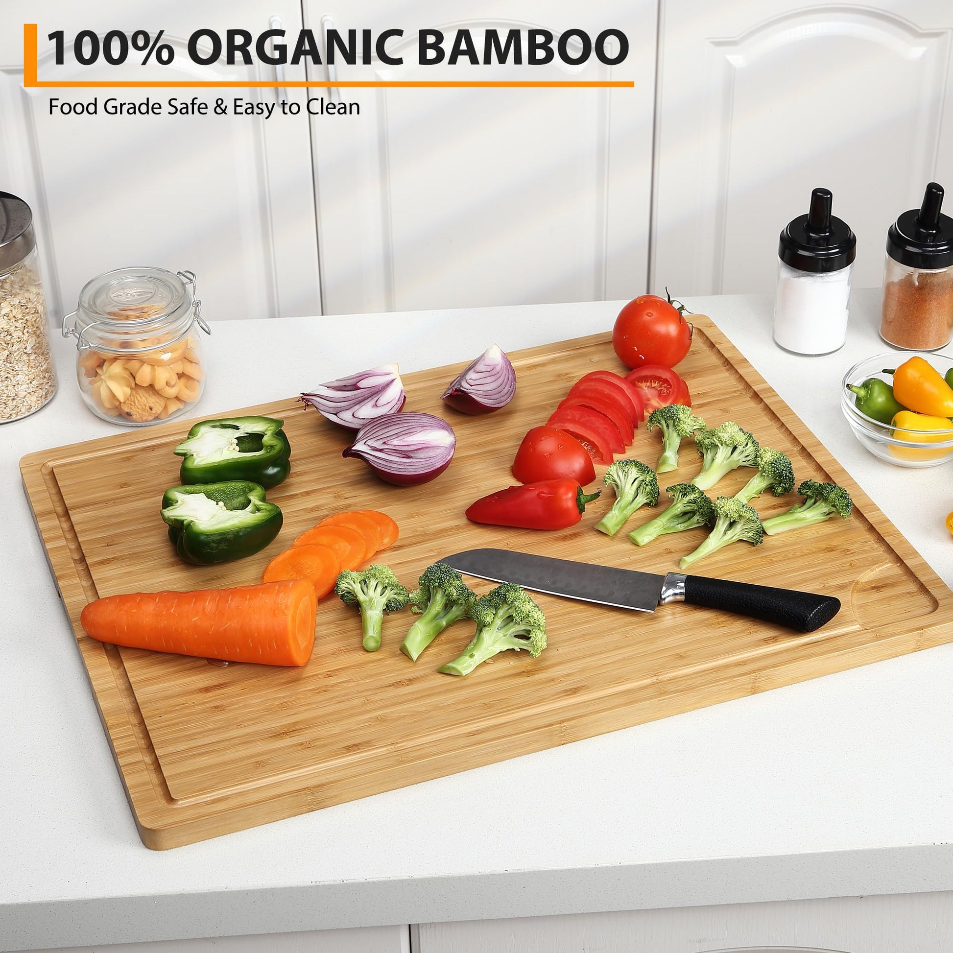 Tagliere in legno Garvee 24x18 pollici in bambù con scanalatura per il succo, adatto ai coltelli per l'uso in cucina, versatile, spesso 0,8 pollici, colore naturale