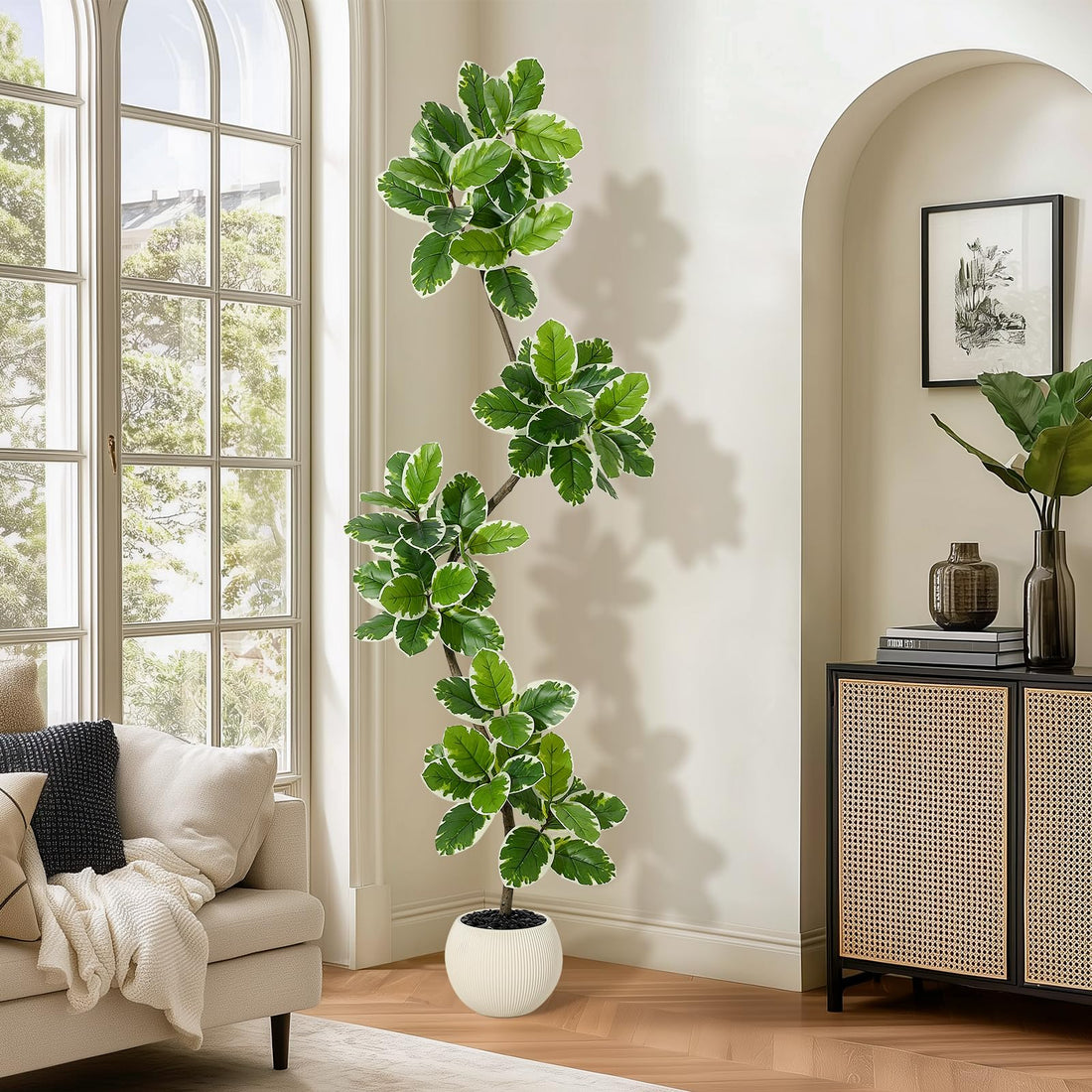 Albero artificiale Garvee Ficus Lyrata da 2,1 m con vaso in cemento e muschio per soggiorno e ufficio, facile da pulire, flessibile, foglie realistiche, verde
