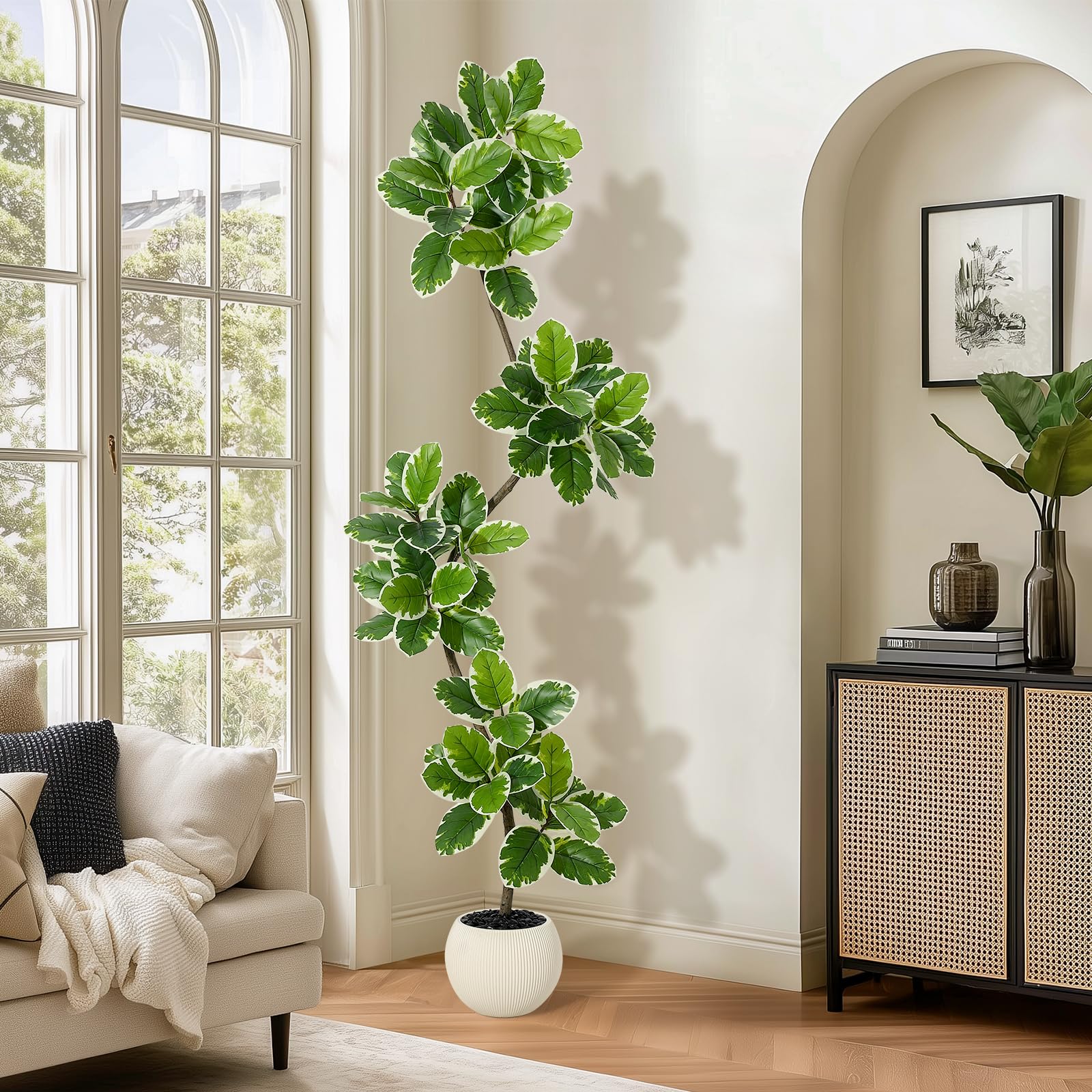 Albero artificiale Garvee Ficus Lyrata da 2,1 m con vaso in cemento e muschio per soggiorno e ufficio, facile da pulire, flessibile, foglie realistiche, verde