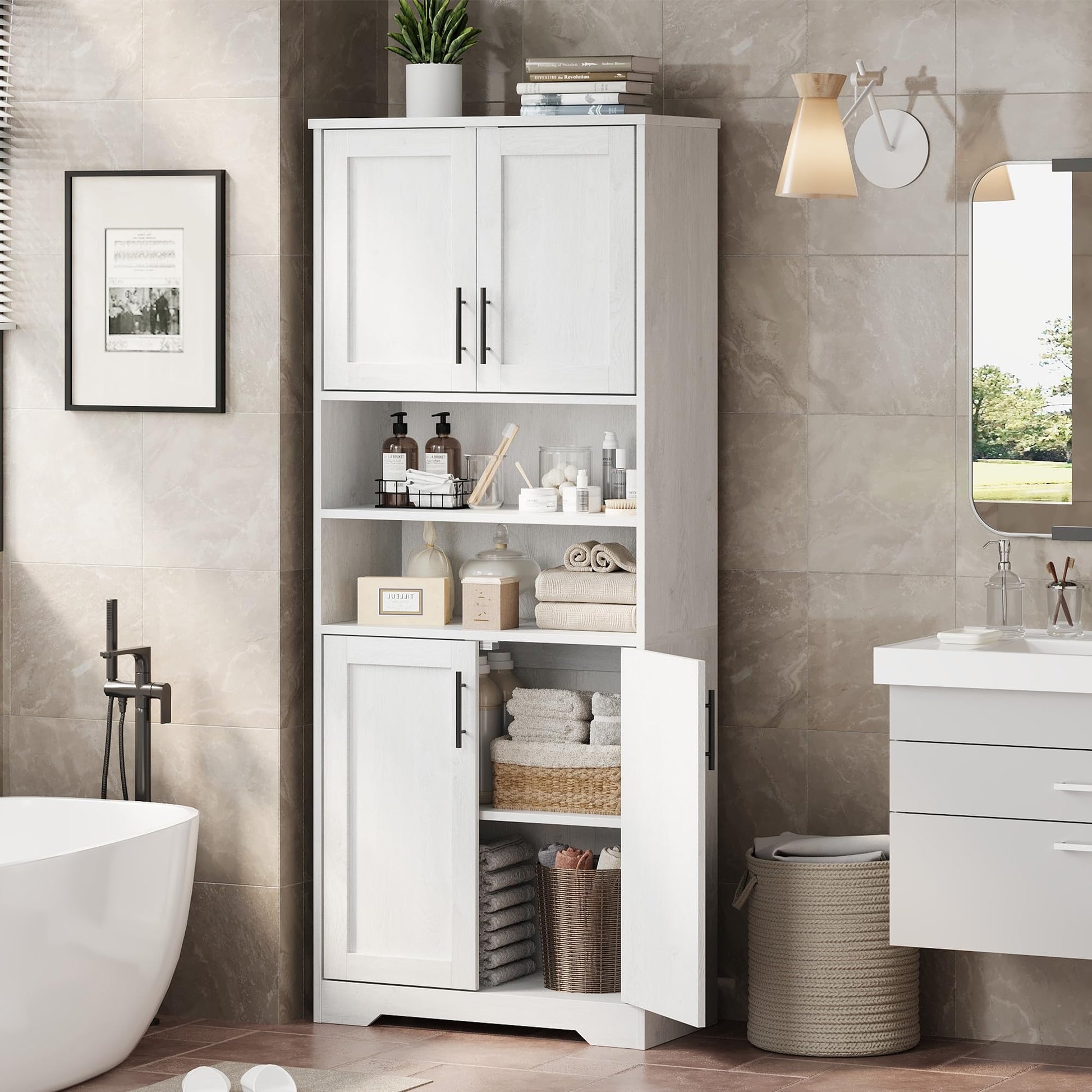 Mobiletto alto da bagno Garvee con 4 ante, ripiani regolabili, MDF, autoportante, bianco, per bagno e cucina, 62,0 cm x 30,2 cm x 170,2 cm
