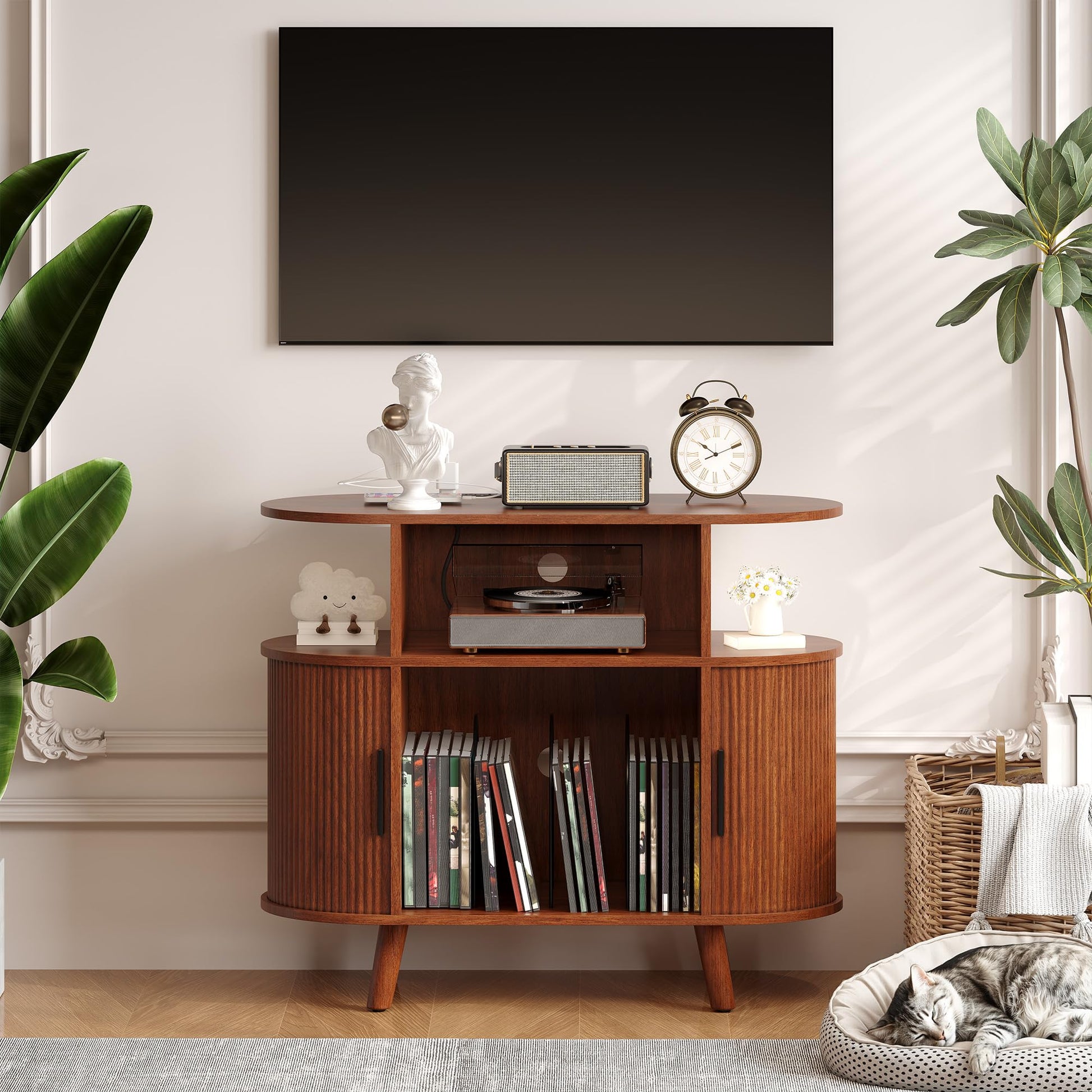 Supporto per giradischi rotondo Garvee di grandi dimensioni con caricabatterie e porte USB, supporto rustico in vinile per soggiorno, legno e metallo, stabile, versatile