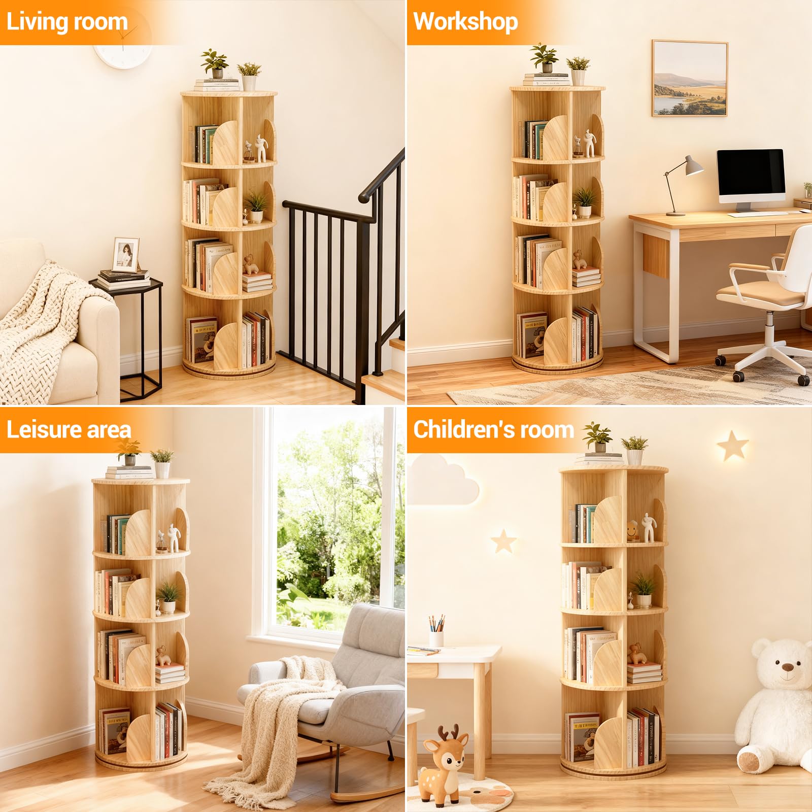 Libreria girevole a 4 ripiani Garvee in legno massello - Scaffale girevole a 360° per bambini e adulti, Ø39 cm, H129 cm, legno naturale
