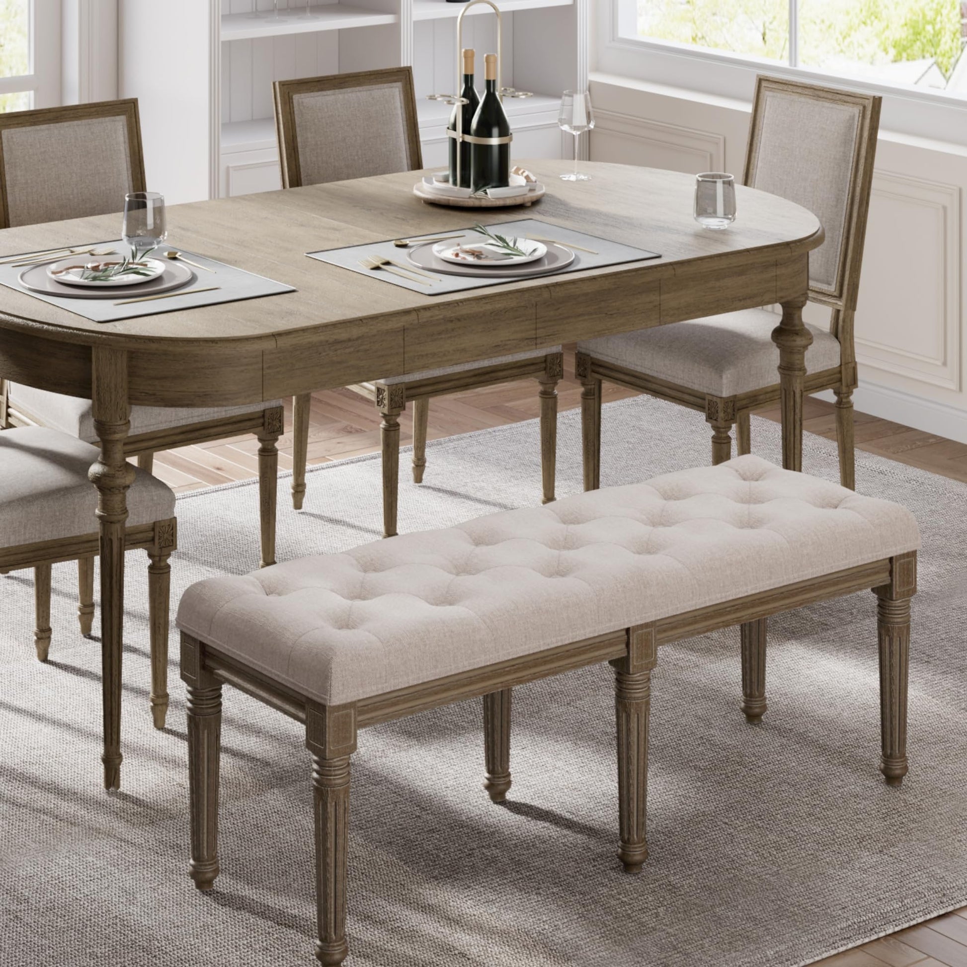 Panca Garvee da 48" con bottoni e gambe in legno, imbottitura morbida, struttura robusta, stile vintage per camera da letto e corridoio