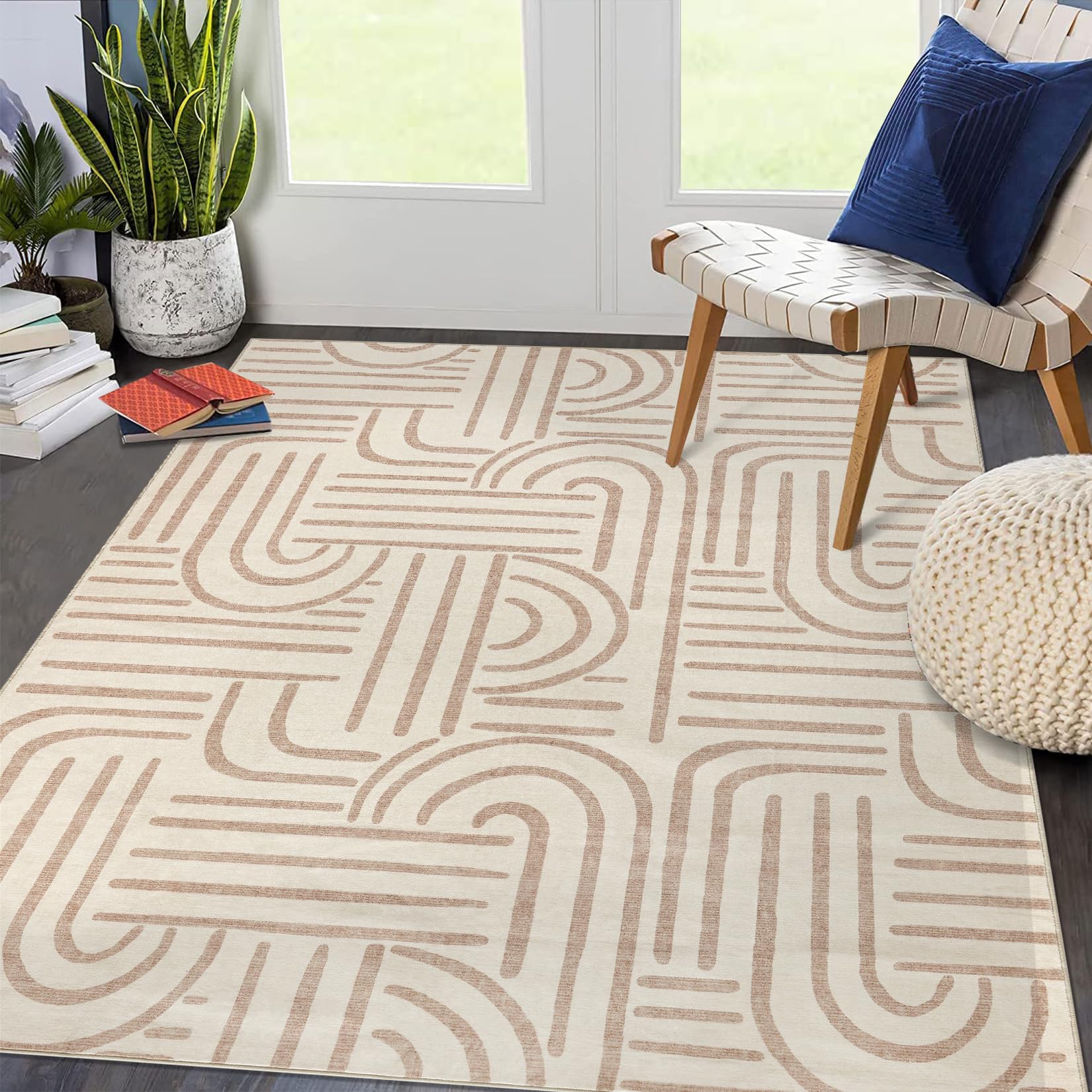 Tappeto per soggiorno Garvee 120x170, lavabile, a pelo corto, antiscivolo, beige, per camera da letto, sala da pranzo, cameretta dei bambini