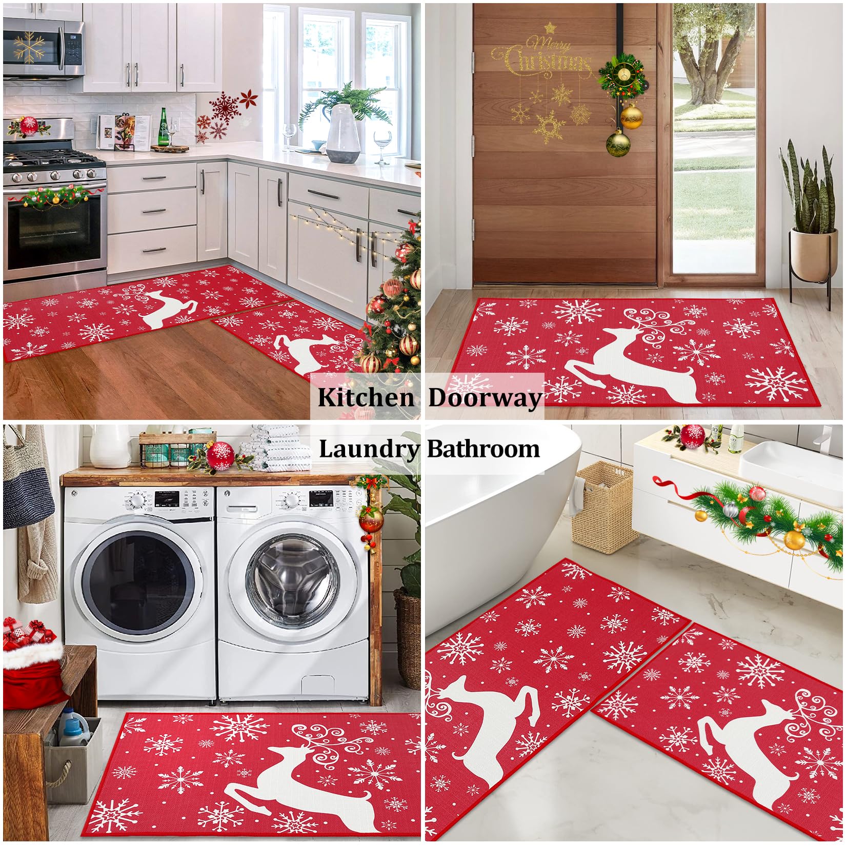 Garvee Set 2 Tappeti Cucina Natalizi Antiscivolo 40x60+40x120 cm Poliestere Resistente Lavabile Decorativi per Cucina Camera Ingresso