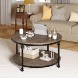 Garvee Tavolino da Caffè Rotondo con 2 Ripiani e Ripostiglio, Legno e Metallo, Design Rustico Moderno, 77x46 cm, Marrone